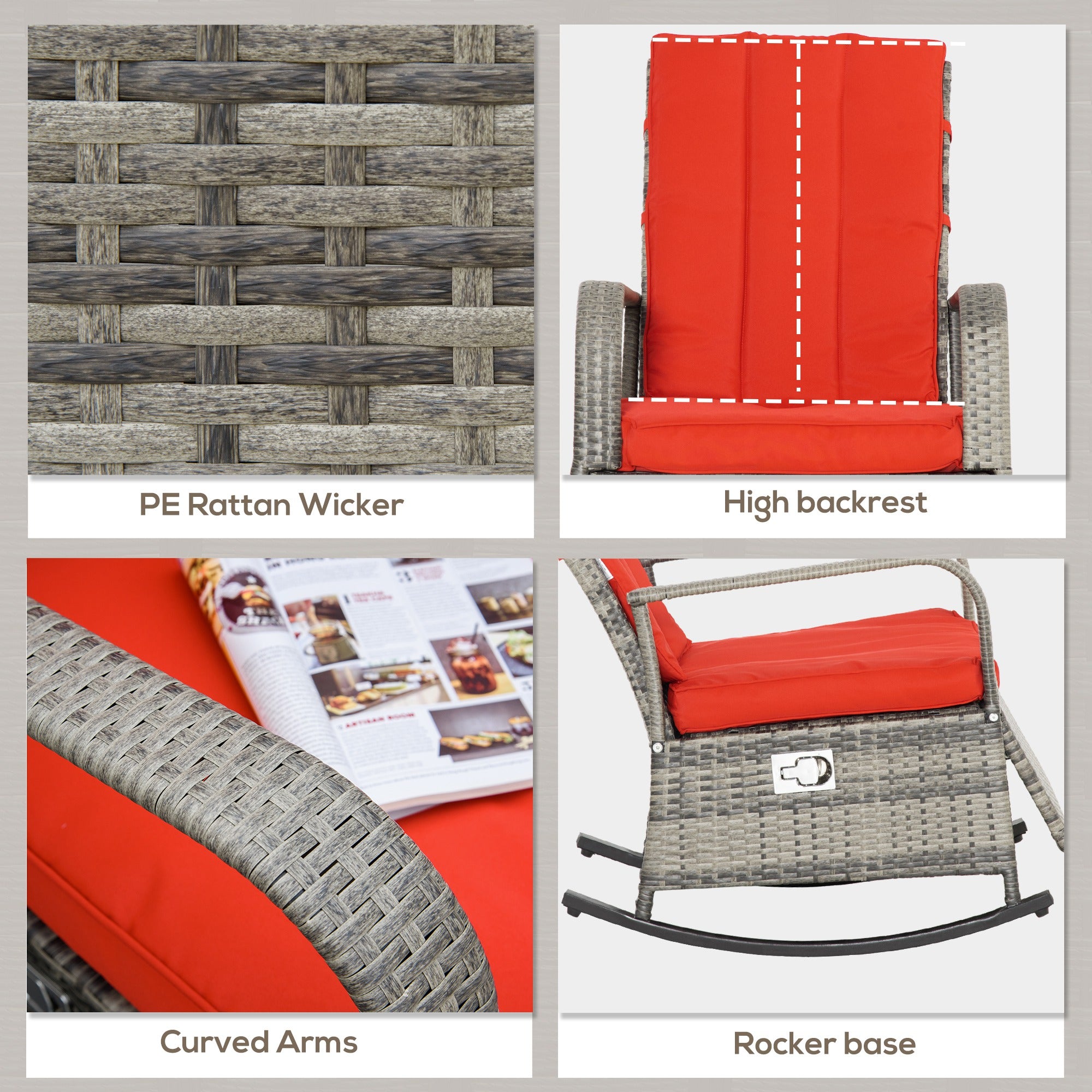 Wicker Rocking Chair with Cushion, Red Recliner Patio Chair, Adjustable Footrest, Armrests-DECOROLALA