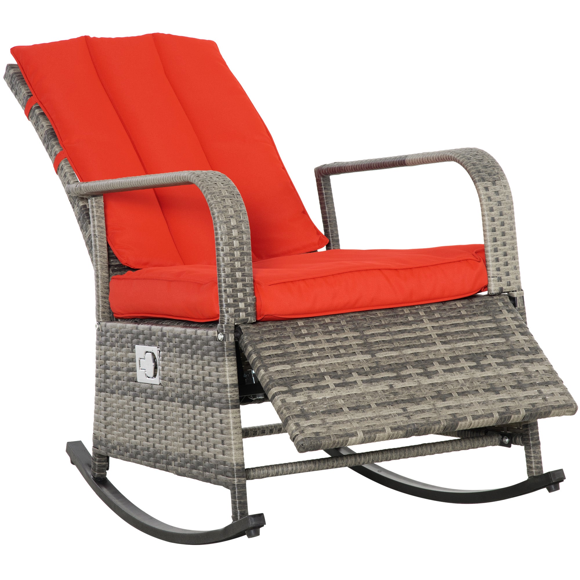 Wicker Rocking Chair with Cushion, Red Recliner Patio Chair, Adjustable Footrest, Armrests-DECOROLALA