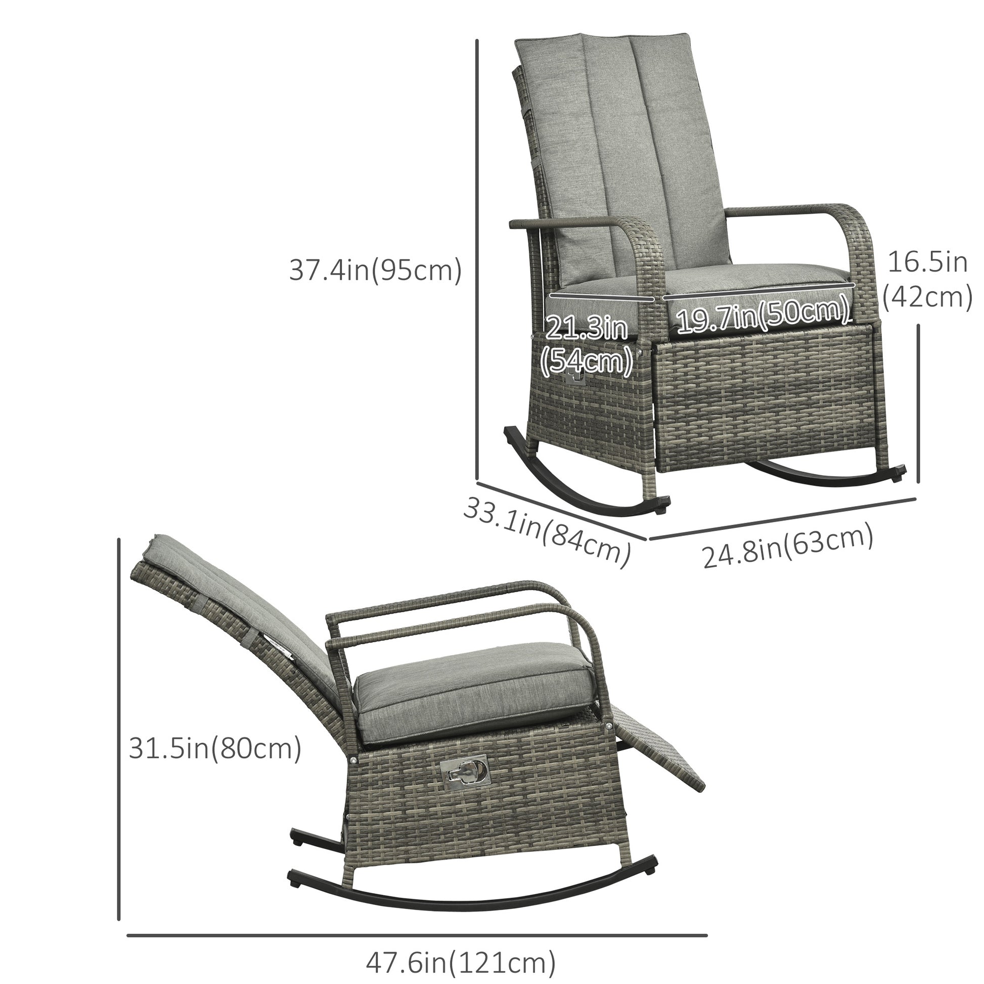 Wicker Rocking Recliner Chair - Grey Cushion-DECOROLALA