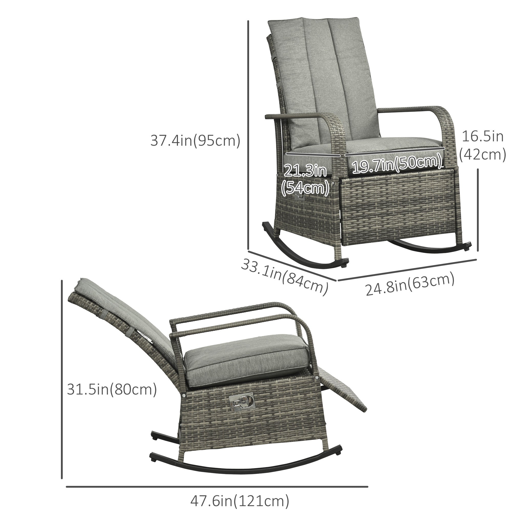Wicker Rocking Recliner Chair - Grey Cushion-DECOROLALA