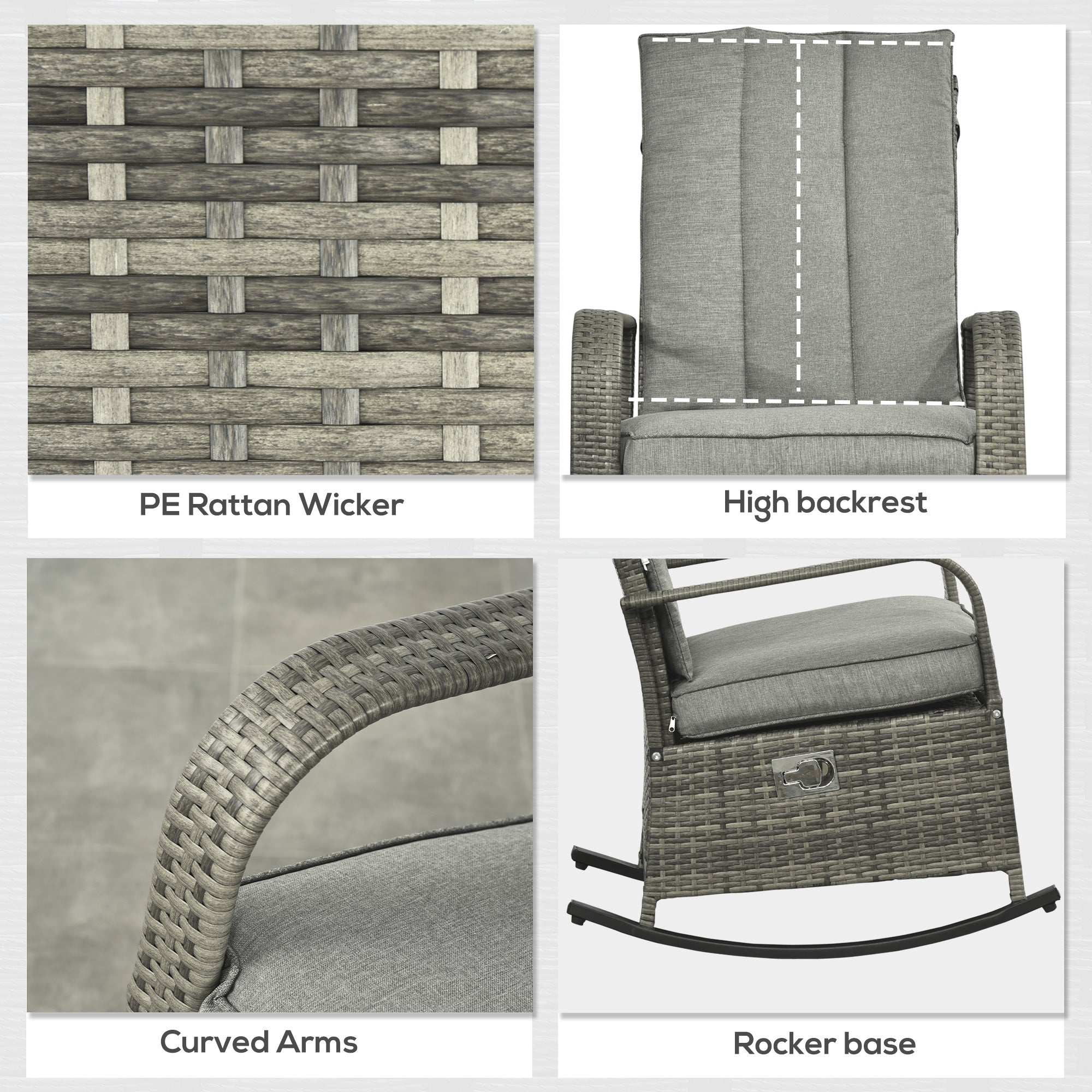 Wicker Rocking Recliner Chair - Grey Cushion-DECOROLALA