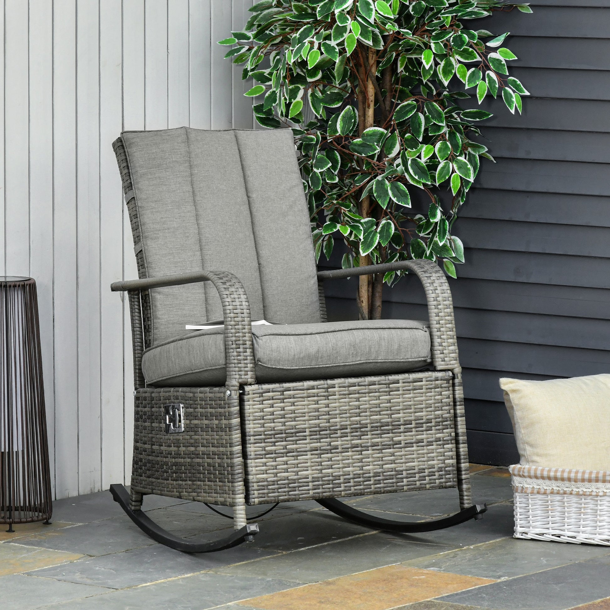 Wicker Rocking Recliner Chair - Grey Cushion-DECOROLALA