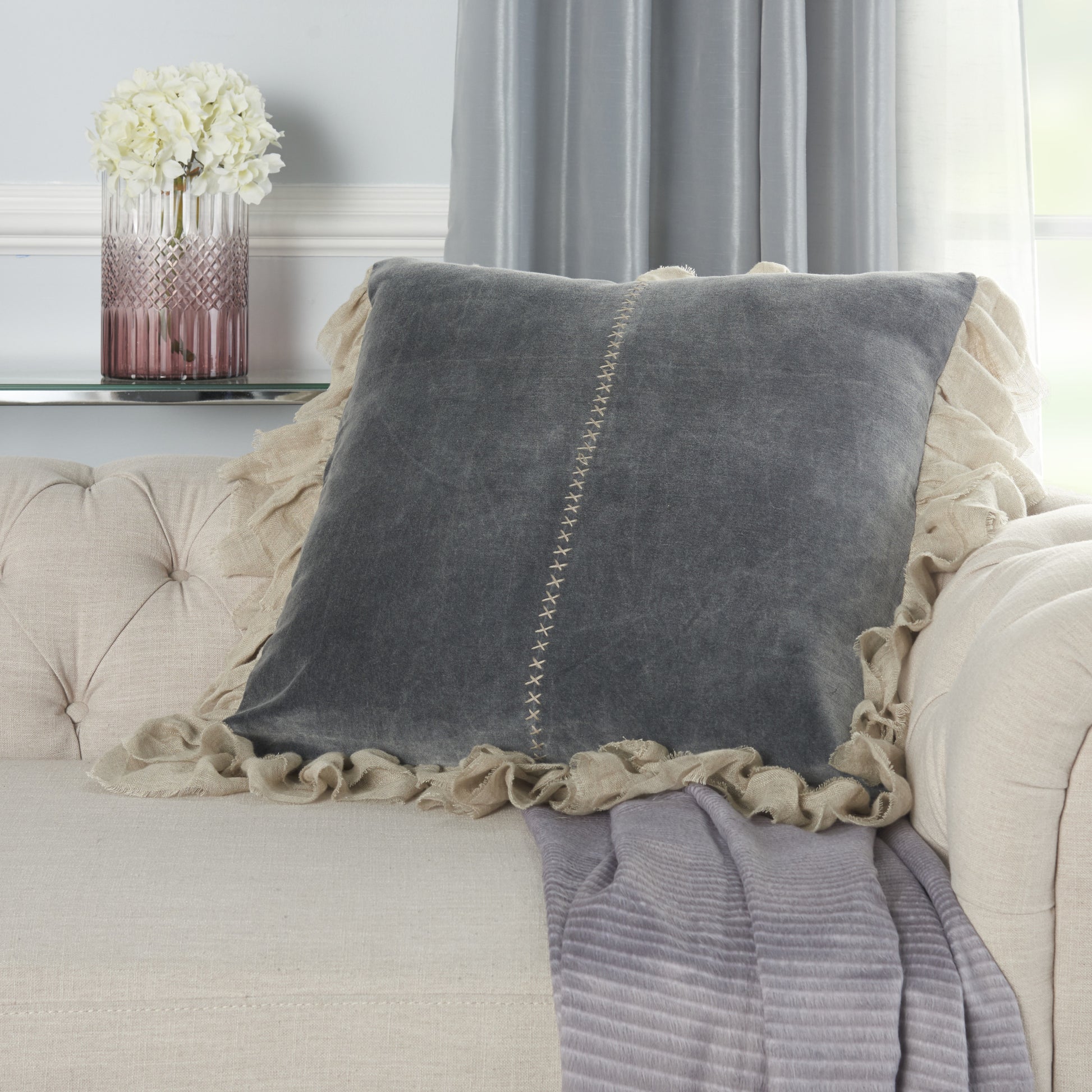 Wide Tasseled Marble Steel Blue Throw Pillow-Accent Throw Pillows-DECOROLALA