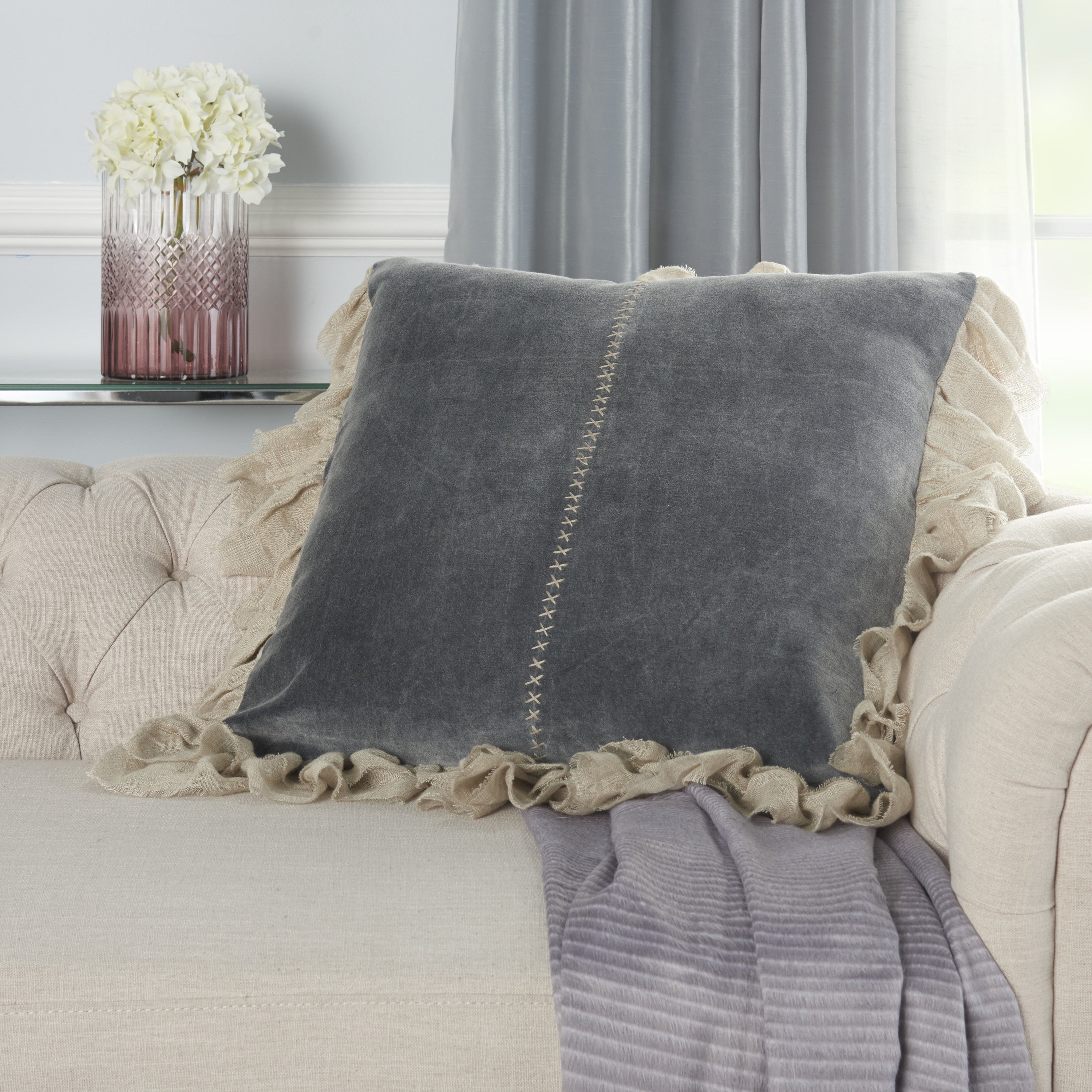 Wide Tasseled Marble Steel Blue Throw Pillow-Accent Throw Pillows-DECOROLALA