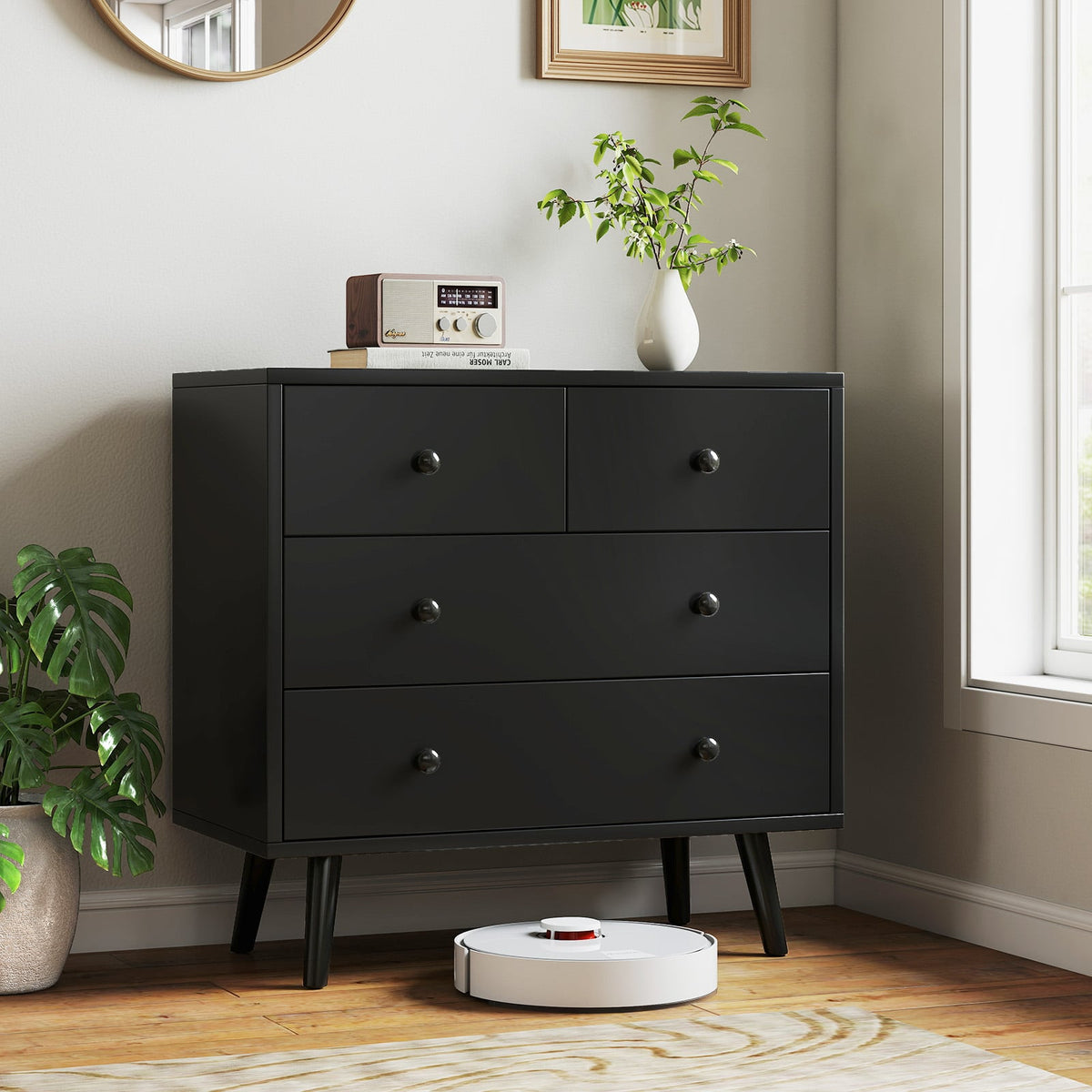 Wide Wooden Dresser 4 Drawers Black (min order qty 2)-Dressers & Chests-DECOROLALA