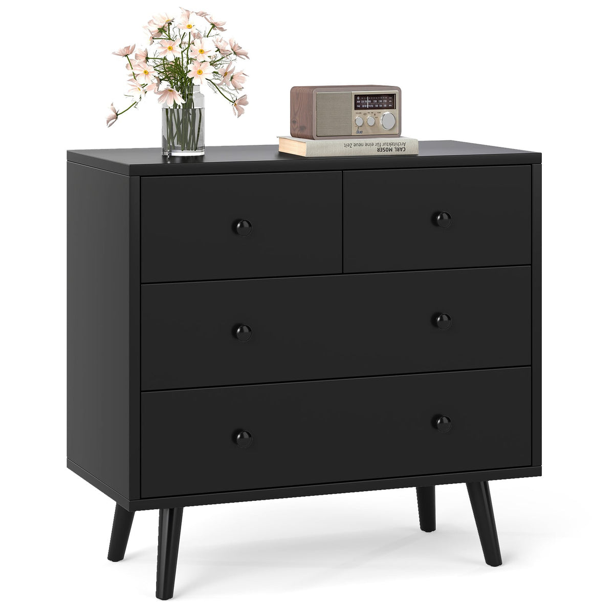 Wide Wooden Dresser 4 Drawers Black (min order qty 2)-Dressers & Chests-DECOROLALA