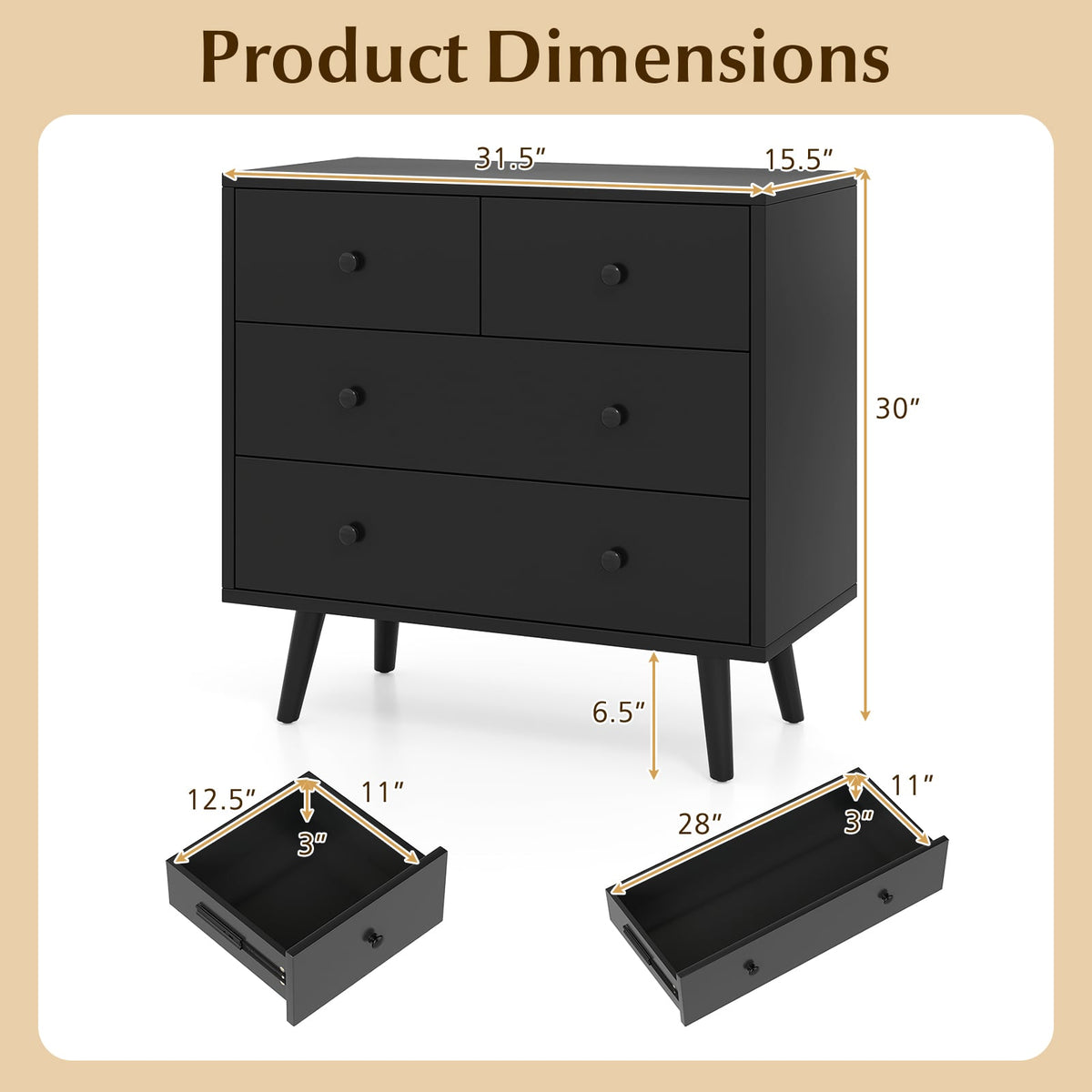 Wide Wooden Dresser 4 Drawers Black (min order qty 2)-Dressers & Chests-DECOROLALA