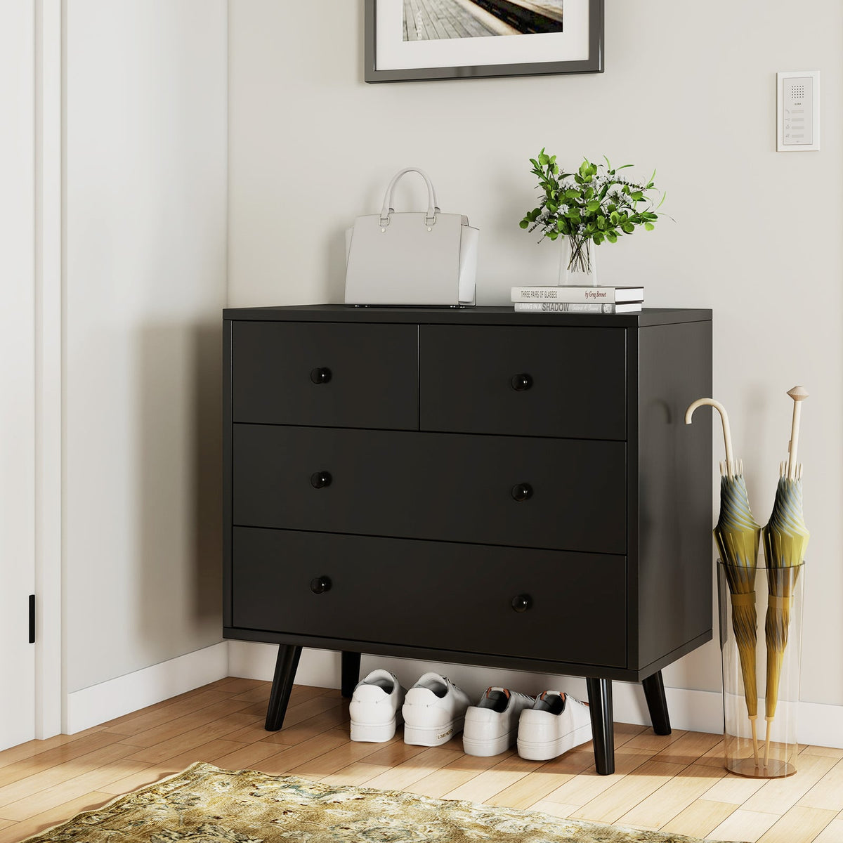 Wide Wooden Dresser 4 Drawers Black (min order qty 2)-Dressers & Chests-DECOROLALA