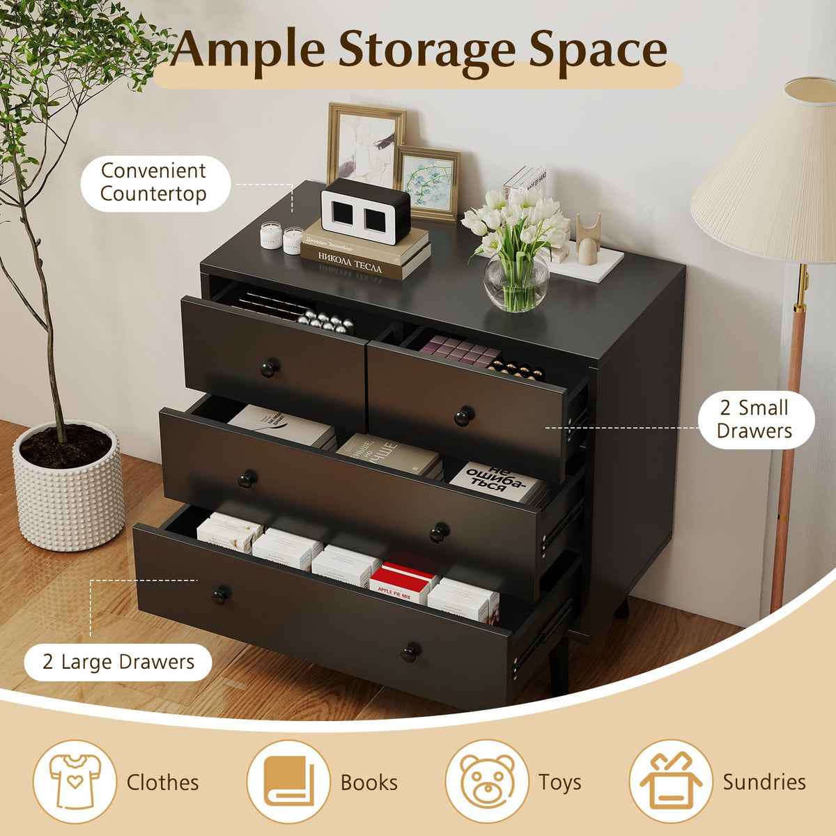 Wide Wooden Dresser 4 Drawers Black (min order qty 2)-Dressers & Chests-DECOROLALA
