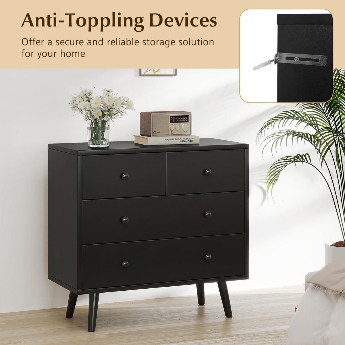 Wide Wooden Dresser 4 Drawers Black (min order qty 2)-Dressers & Chests-DECOROLALA
