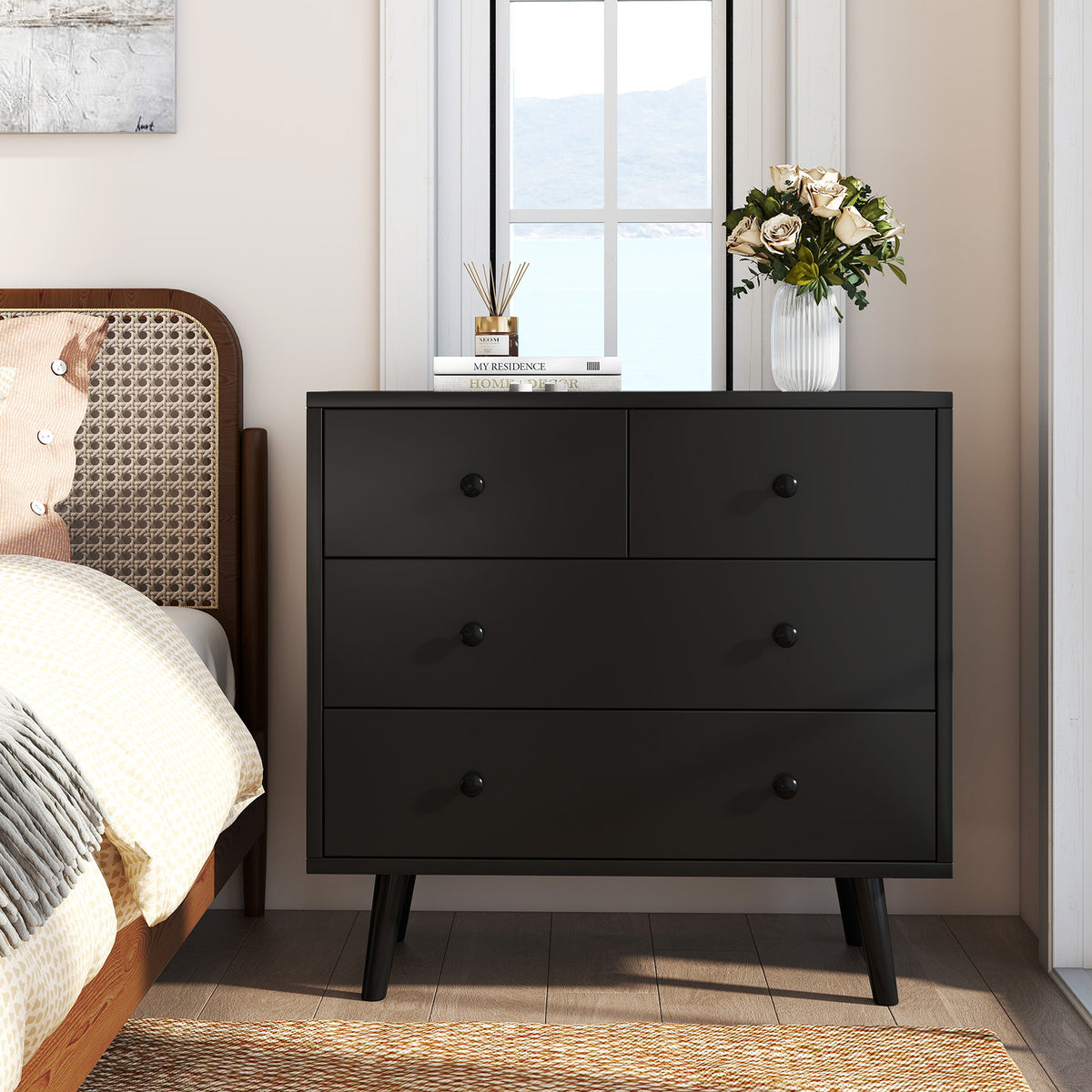 Wide Wooden Dresser 4 Drawers Black (min order qty 2)-Dressers & Chests-DECOROLALA