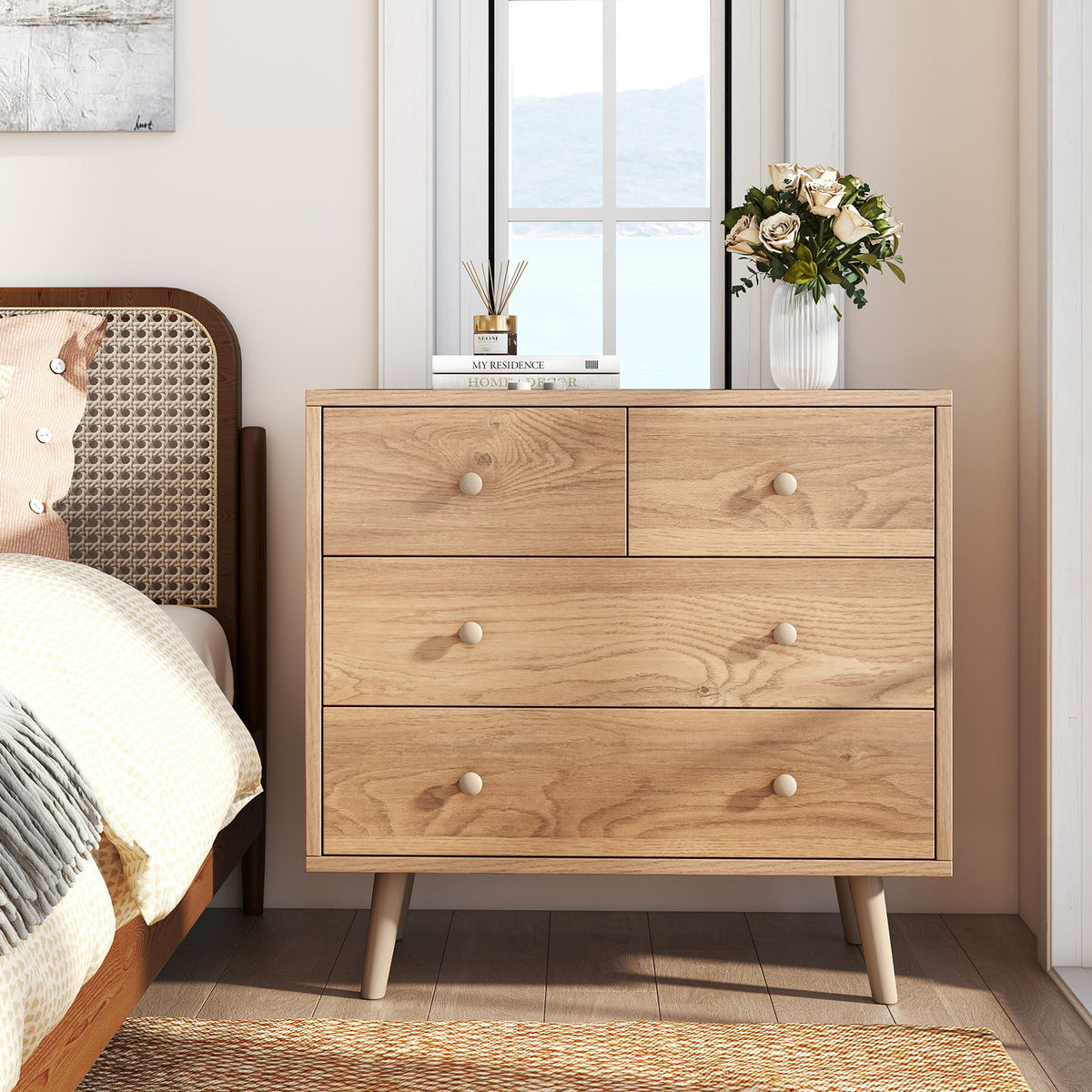Wide Wooden Dresser with 4 Drawers for Bedroom Living Room-Natural-Dressers & Chests-DECOROLALA
