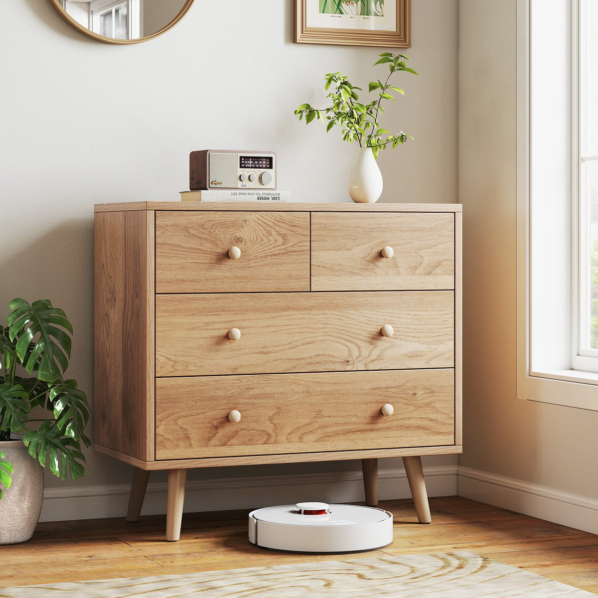 Wide Wooden Dresser with 4 Drawers for Bedroom Living Room-Natural-Dressers & Chests-DECOROLALA