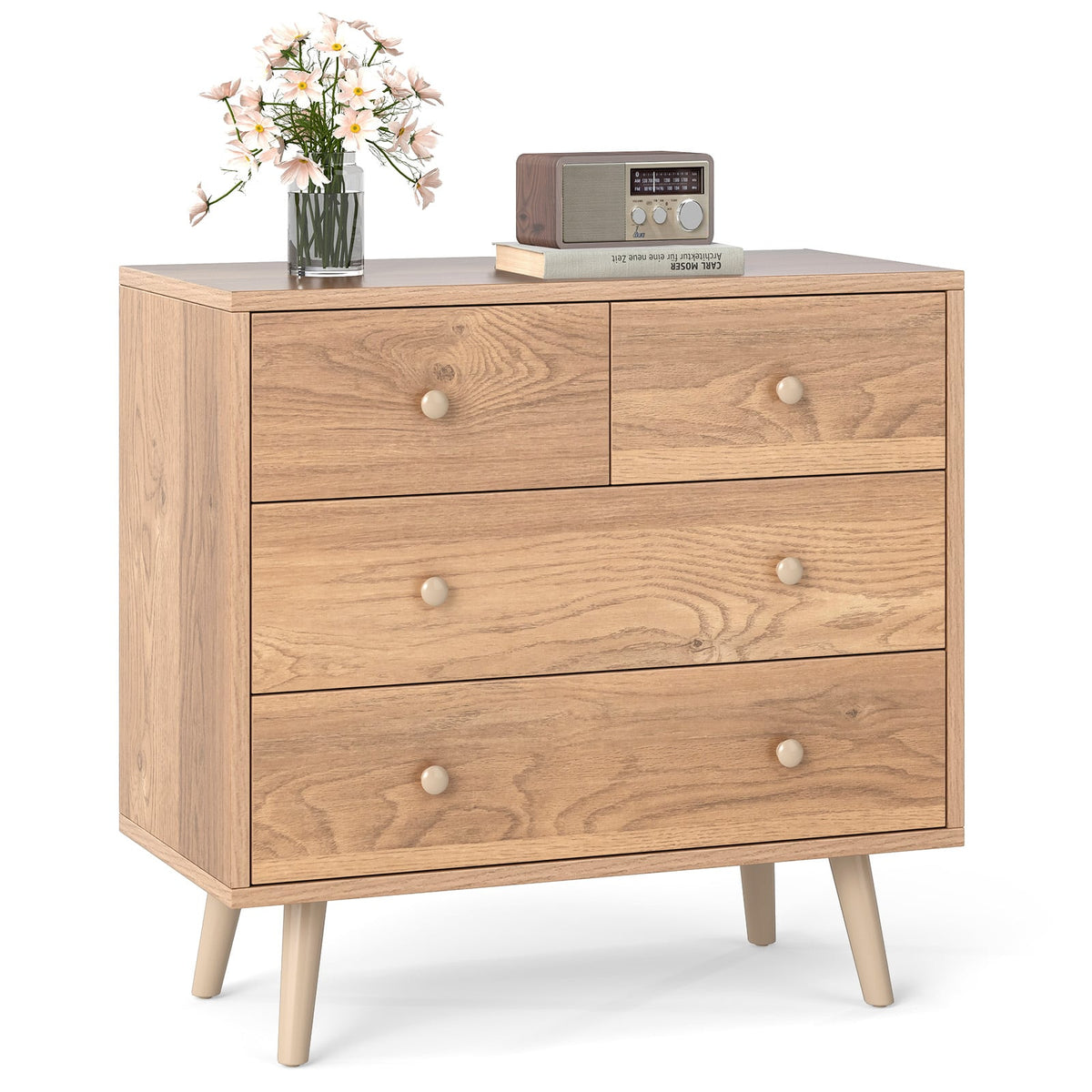 Wide Wooden Dresser with 4 Drawers for Bedroom Living Room-Natural-Dressers & Chests-DECOROLALA