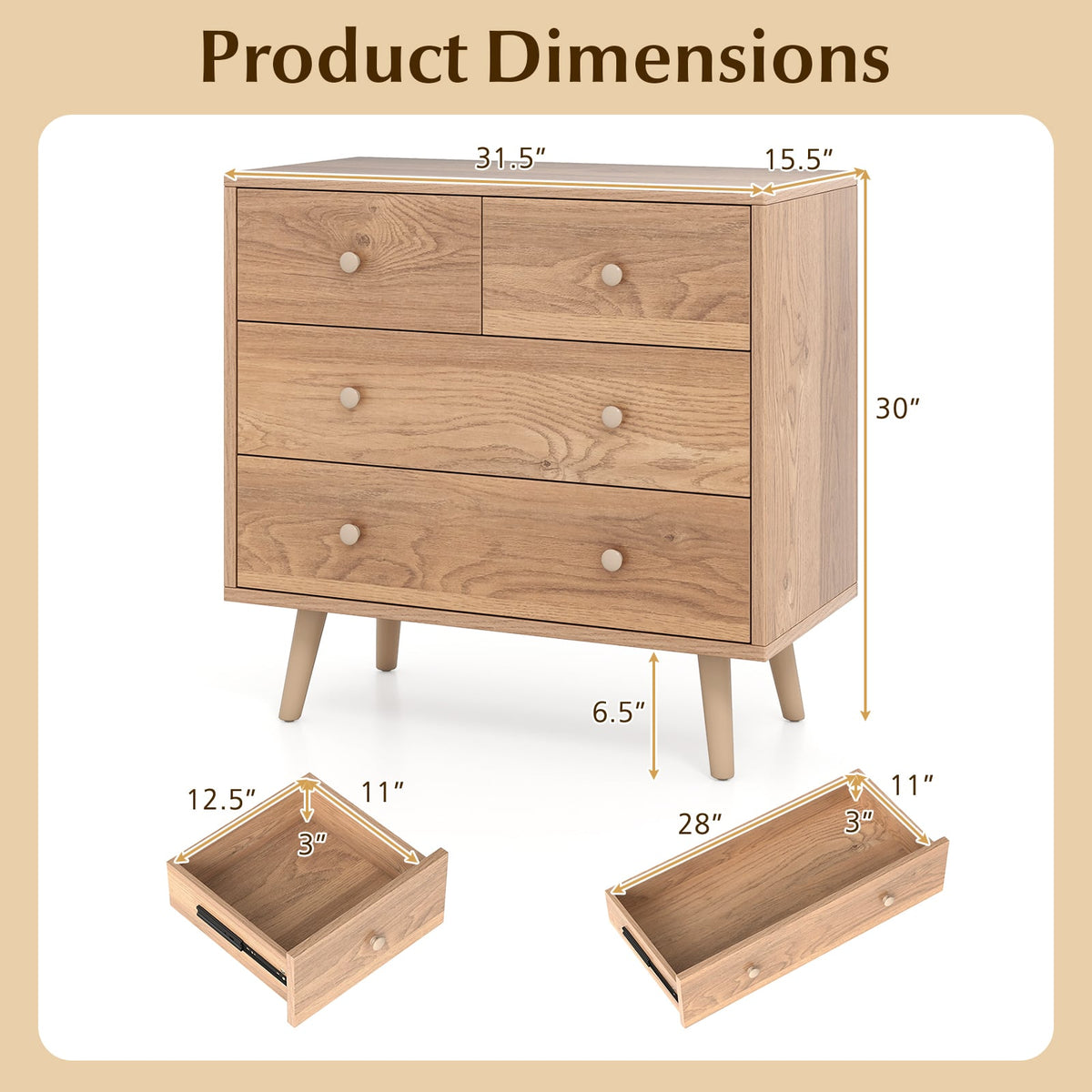 Wide Wooden Dresser with 4 Drawers for Bedroom Living Room-Natural-Dressers & Chests-DECOROLALA