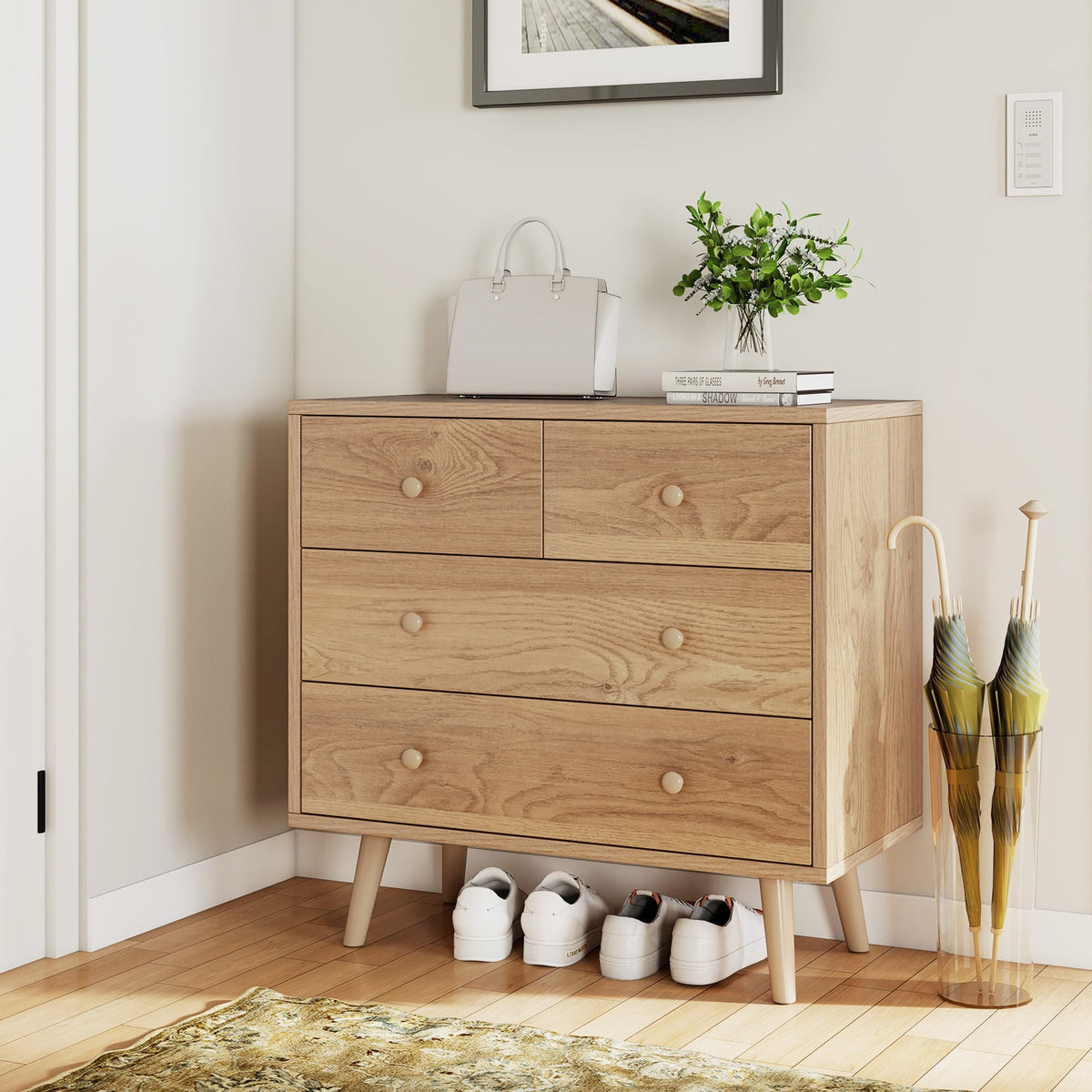 Wide Wooden Dresser with 4 Drawers for Bedroom Living Room-Natural-Dressers & Chests-DECOROLALA