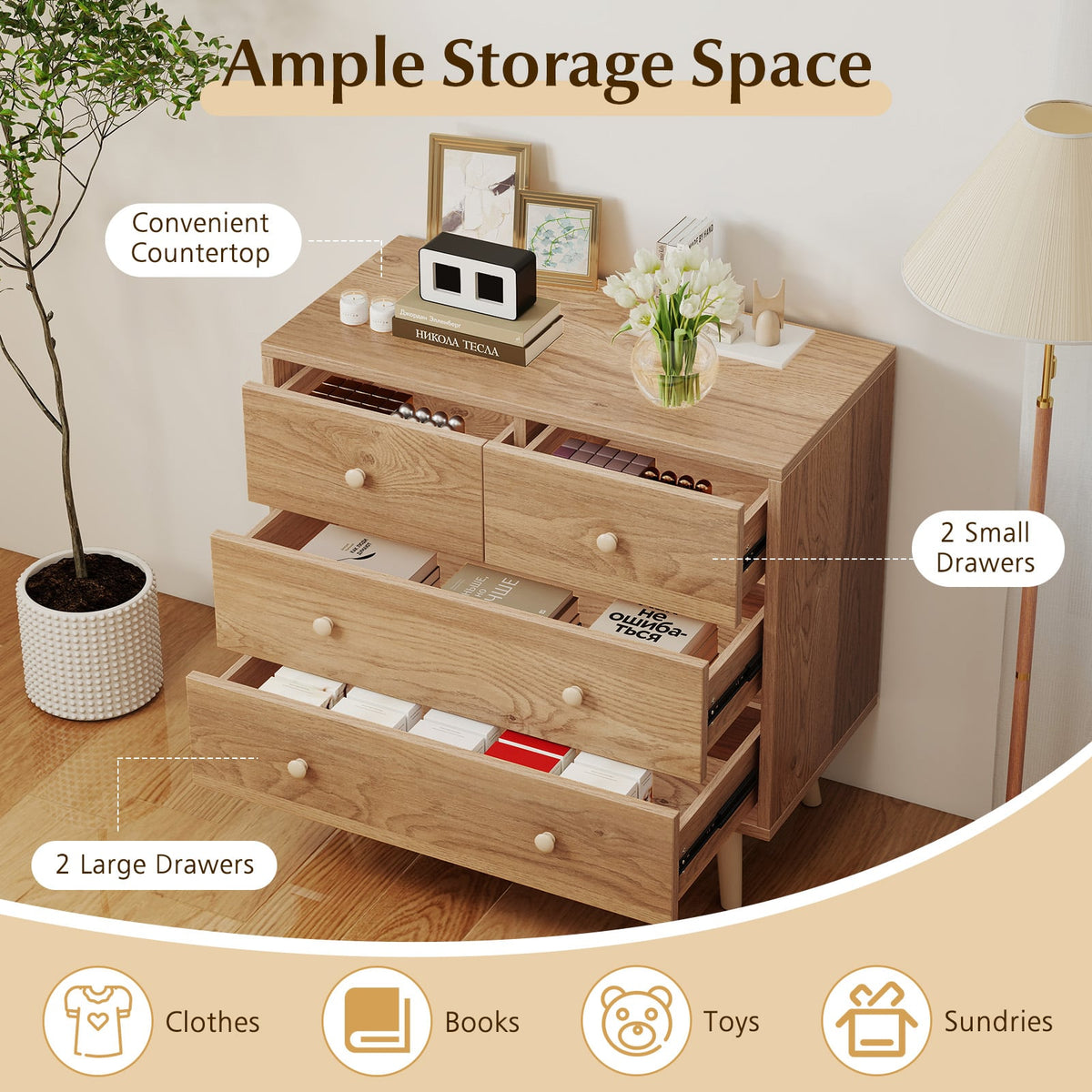 Wide Wooden Dresser with 4 Drawers for Bedroom Living Room-Natural-Dressers & Chests-DECOROLALA