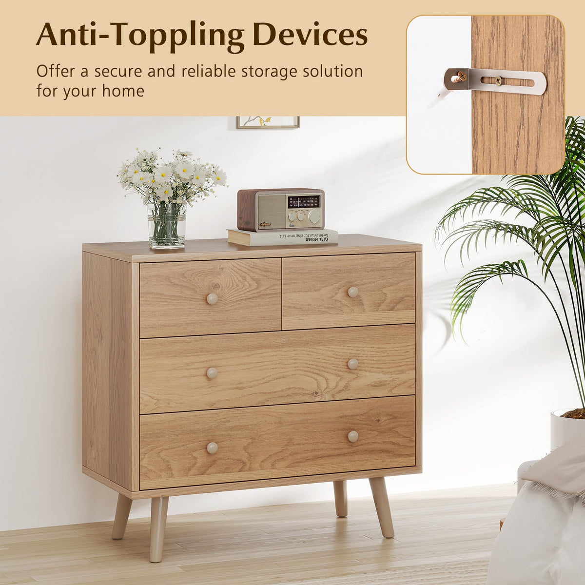 Wide Wooden Dresser with 4 Drawers for Bedroom Living Room-Natural-Dressers & Chests-DECOROLALA