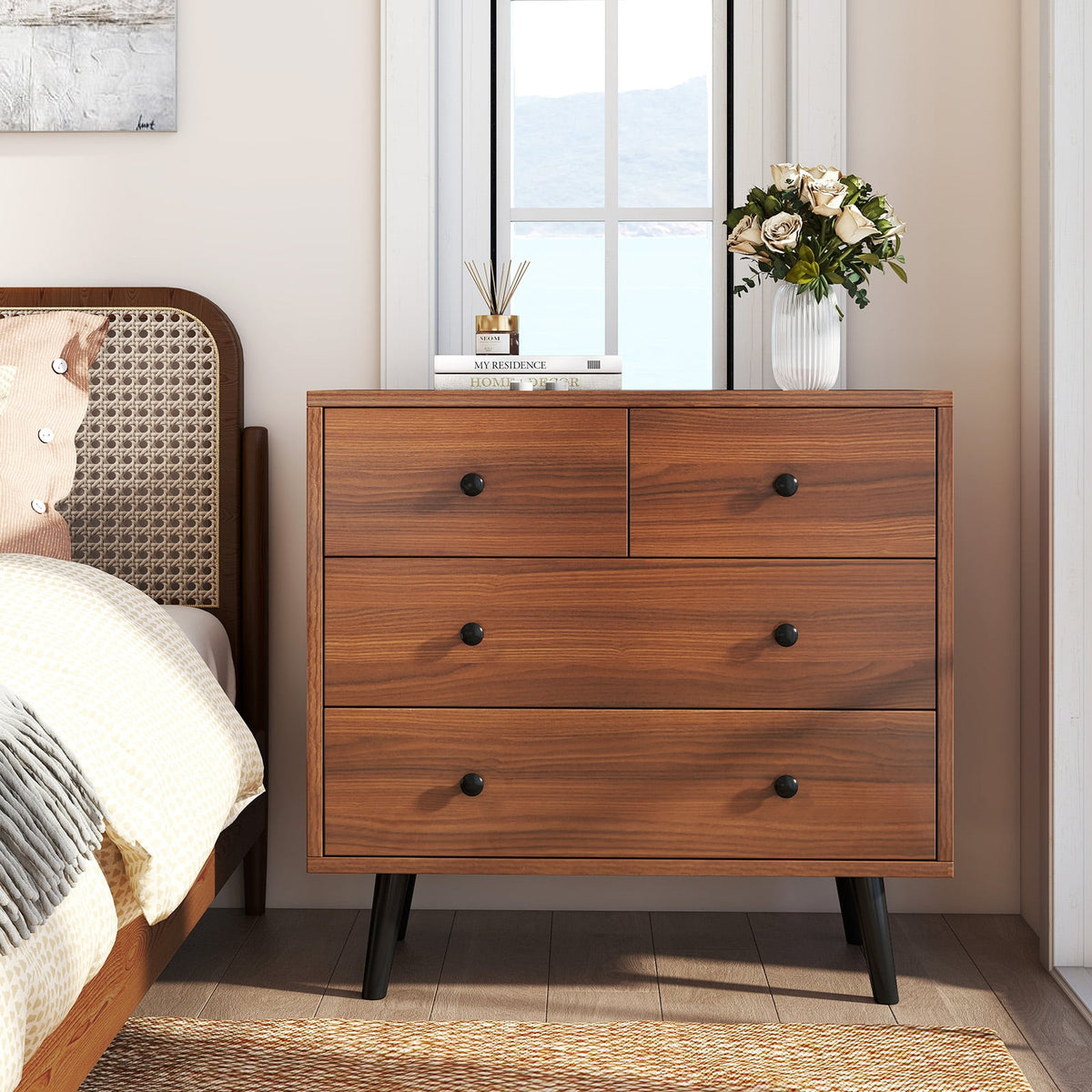 Wide Wooden Dresser with 4 Drawers for Bedroom Living Room-Walnut-Dressers & Chests-DECOROLALA
