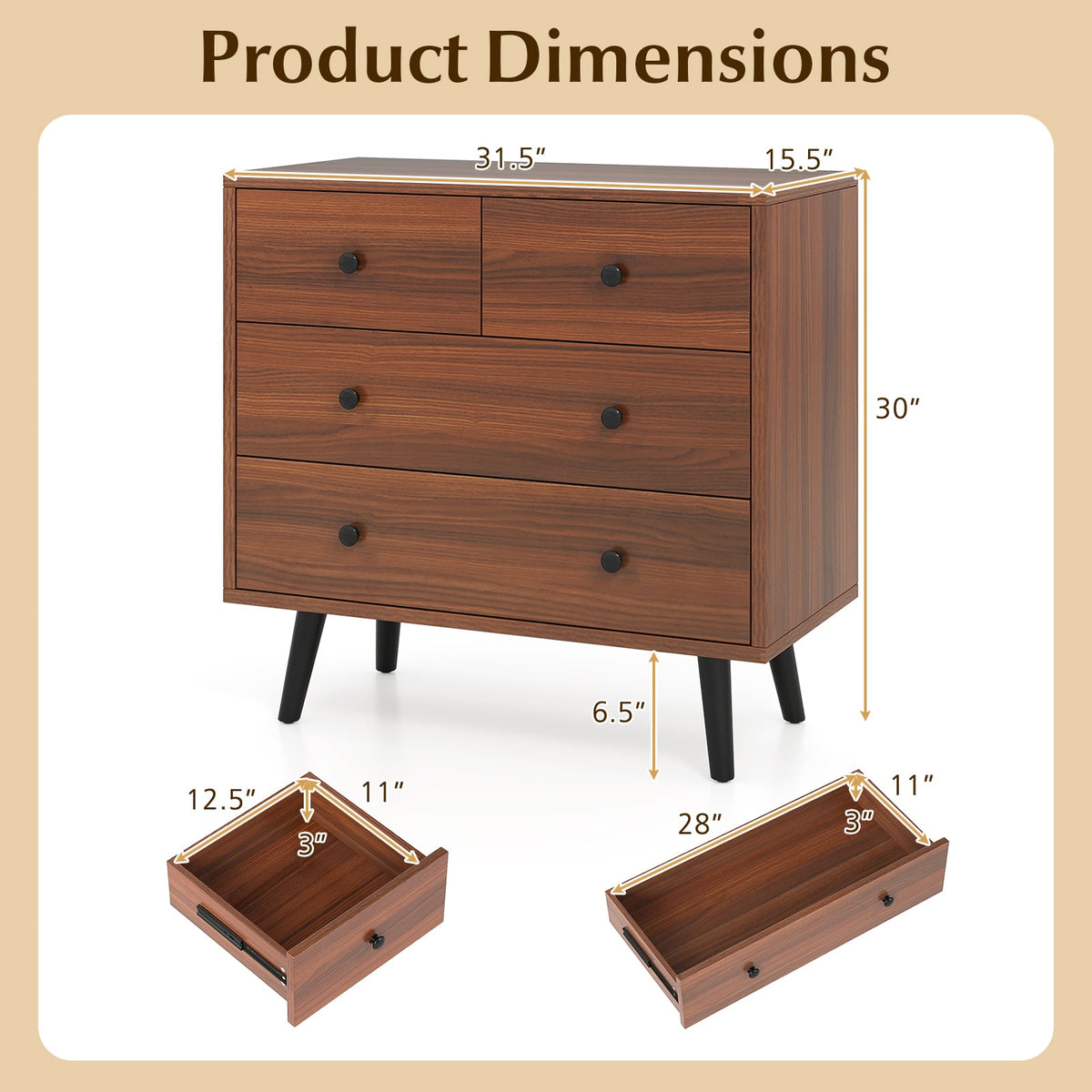 Wide Wooden Dresser with 4 Drawers for Bedroom Living Room-Walnut-Dressers & Chests-DECOROLALA