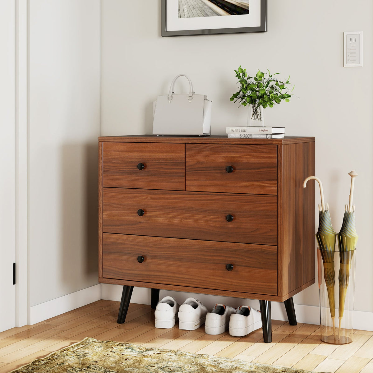 Wide Wooden Dresser with 4 Drawers for Bedroom Living Room-Walnut-Dressers & Chests-DECOROLALA