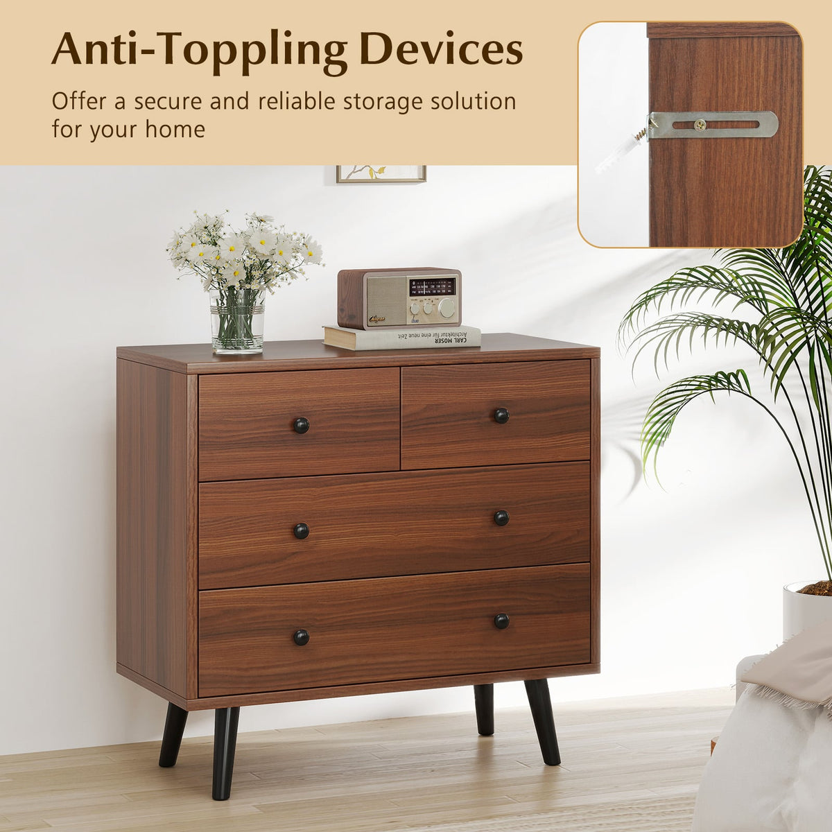 Wide Wooden Dresser with 4 Drawers for Bedroom Living Room-Walnut-Dressers & Chests-DECOROLALA