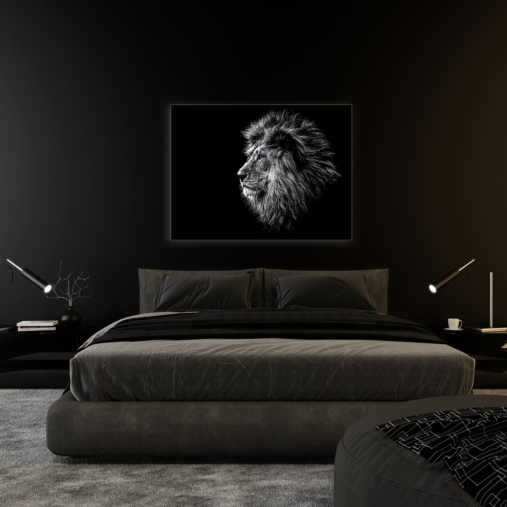 Wildlife Canvas Art-Lions Head Blue Eye in Black and White -Silver varnish-Wall Art-DECOROLALA