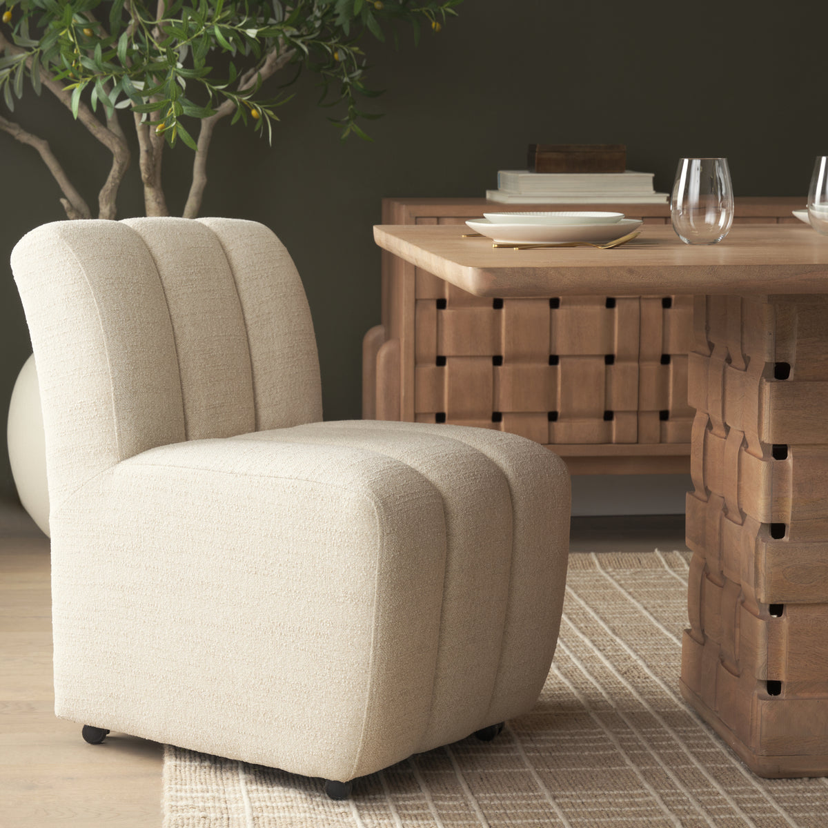 Wilkins Barrel Back Dining Arm Chair | Fabric w/ Wood-Dining Chairs-DECOROLALA