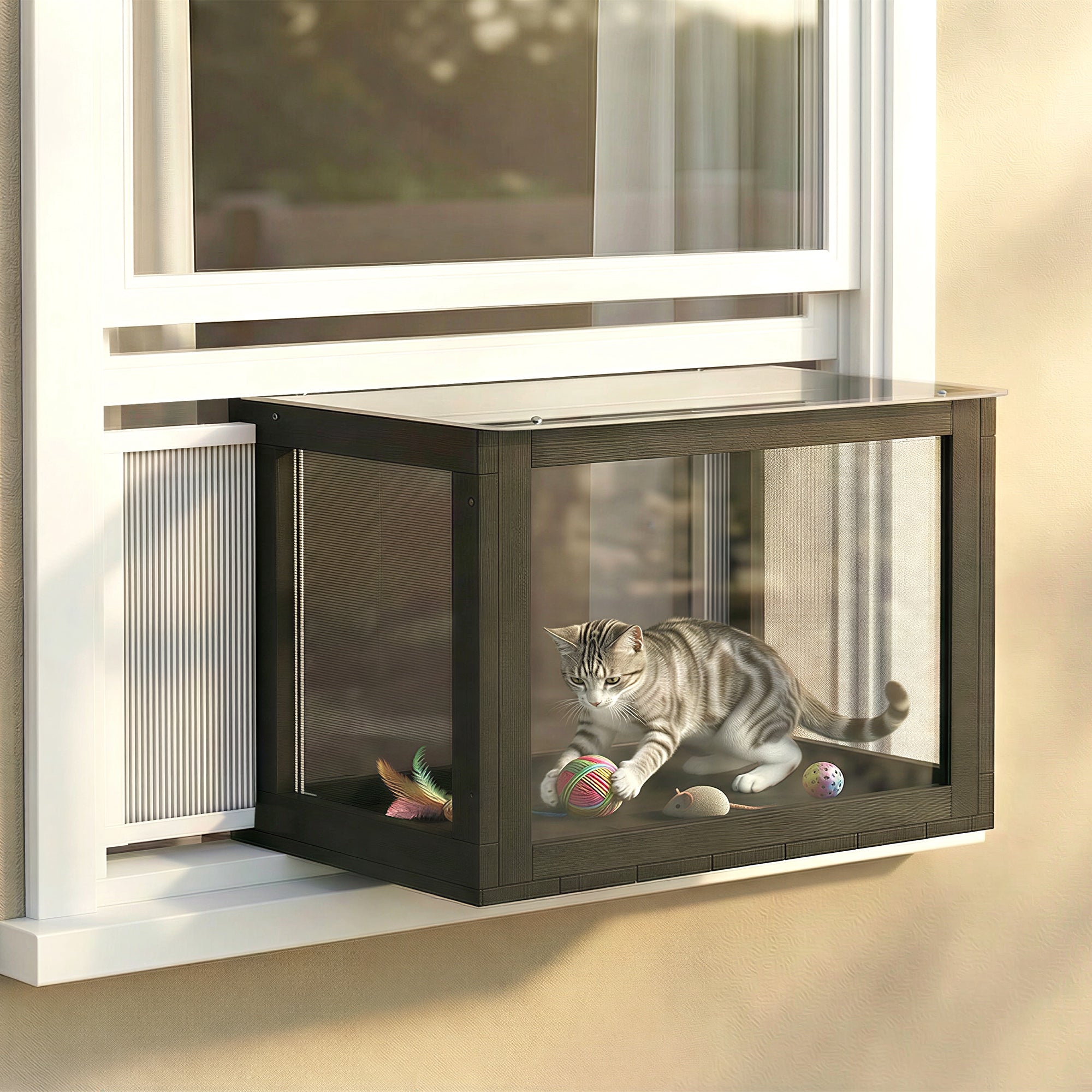 Window-Mounted Catio Outdoor Cat Enclosure - Black & White-Cats-DECOROLALA