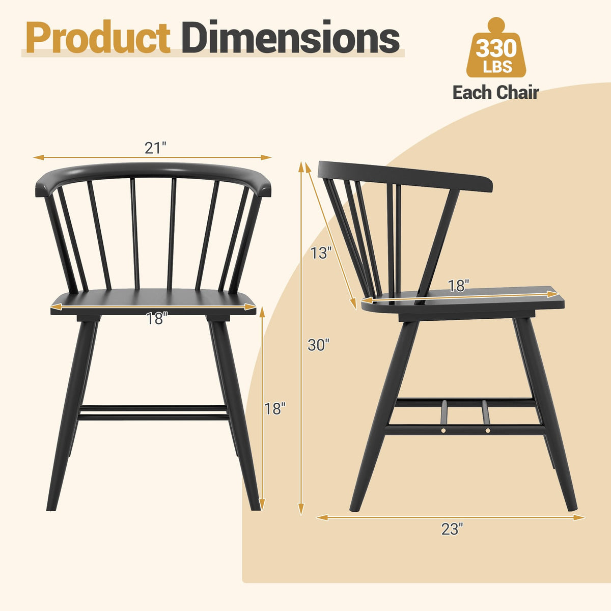 Windsor Dining Chair Set of 2 Mid-Century Modern Black Kitchen Chairs-Black-Dining Chairs-DECOROLALA