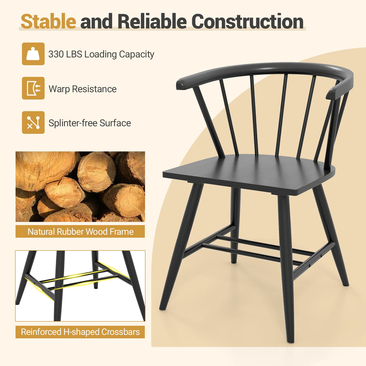 Windsor Dining Chair Set of 2 Mid-Century Modern Black Kitchen Chairs-Black-Dining Chairs-DECOROLALA
