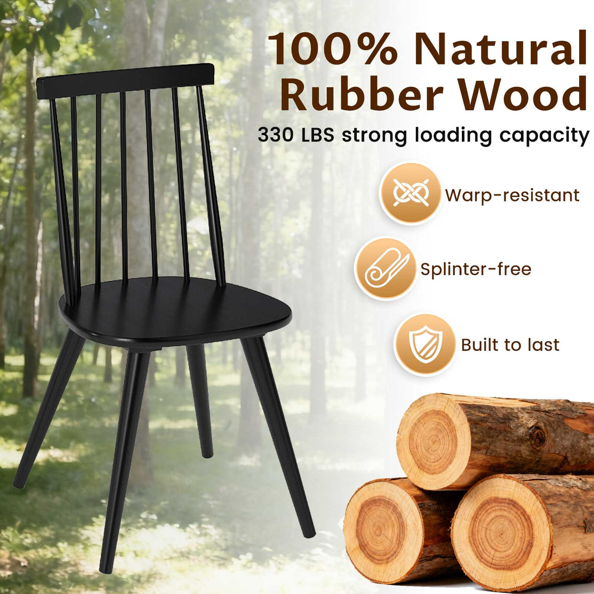 Windsor Dining Chair Set of 2 with Solid Rubber Wood Frame-Black-Dining Chairs-DECOROLALA