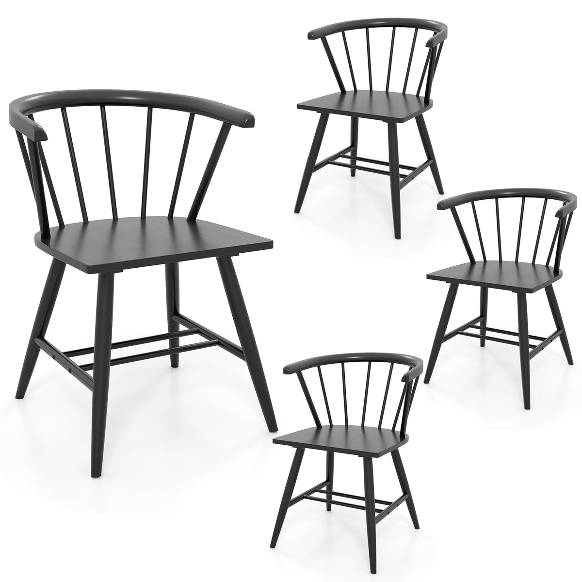 Windsor Dining Chair Set of 4 Mid-Century Modern Black Kitchen Chairs-Black-Dining Chairs-DECOROLALA
