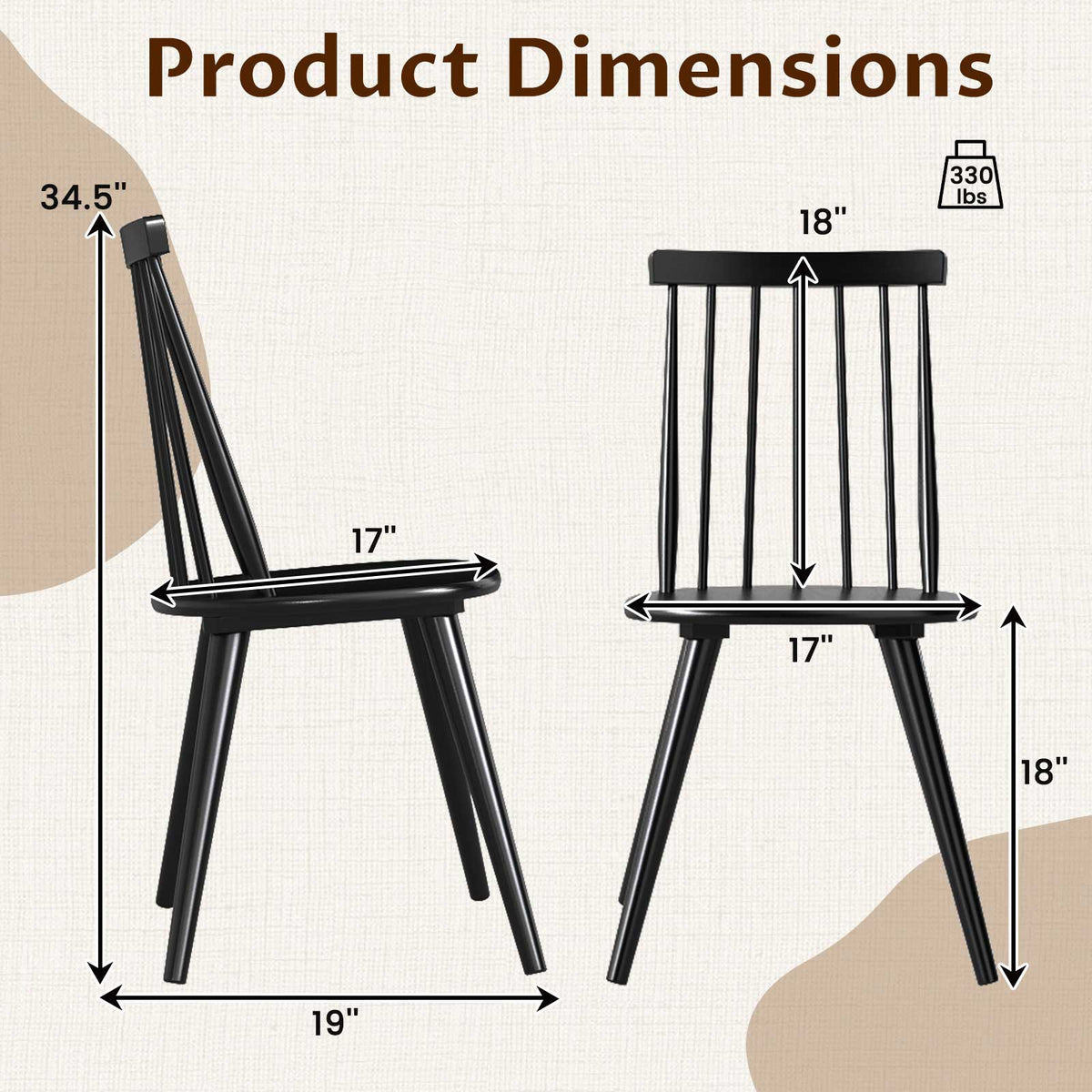 Windsor Dining Chair Set of 4 with Solid Rubber Wood Frame-Black-Dining Chairs-DECOROLALA