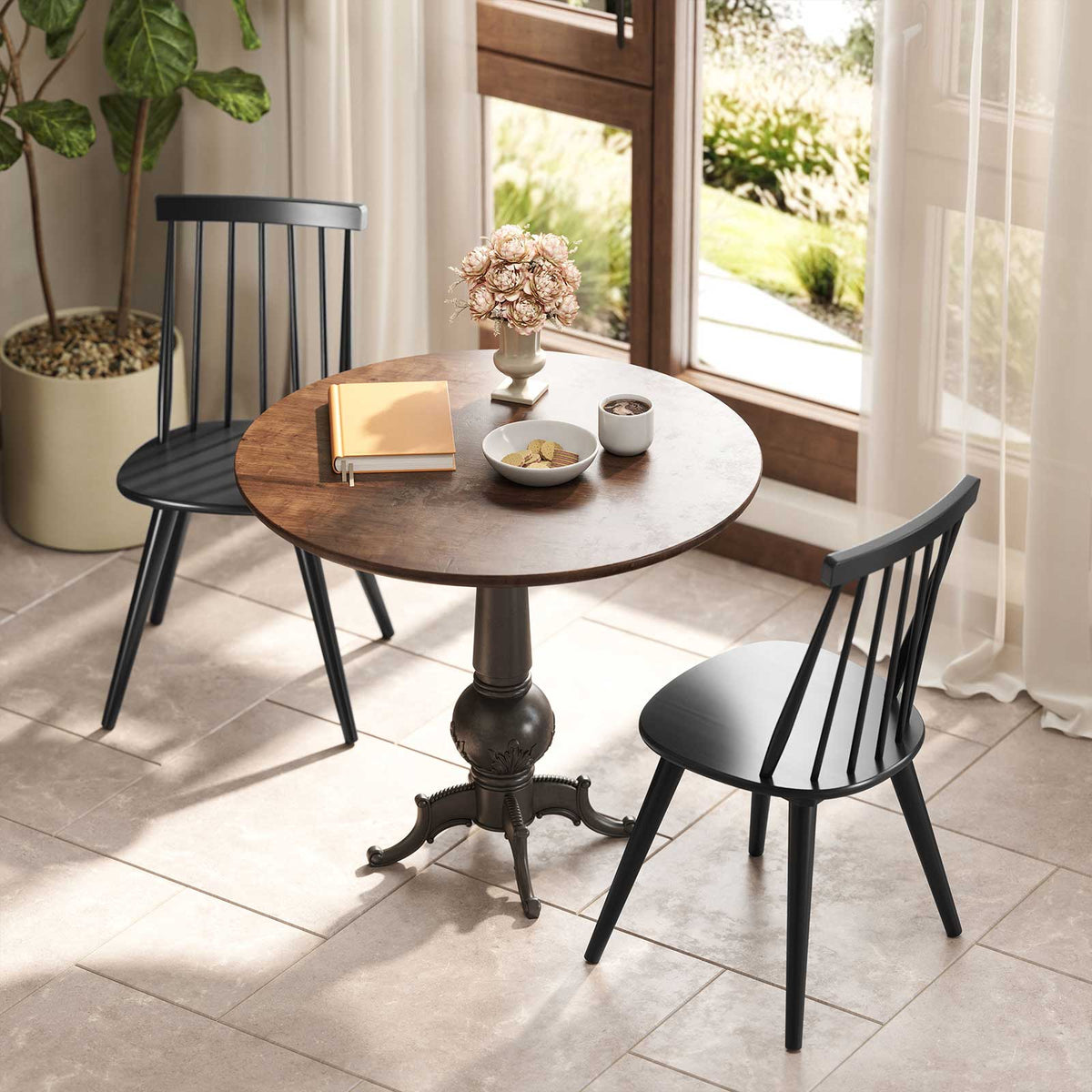 Windsor Dining Chair Set of 4 with Solid Rubber Wood Frame-Black-Dining Chairs-DECOROLALA