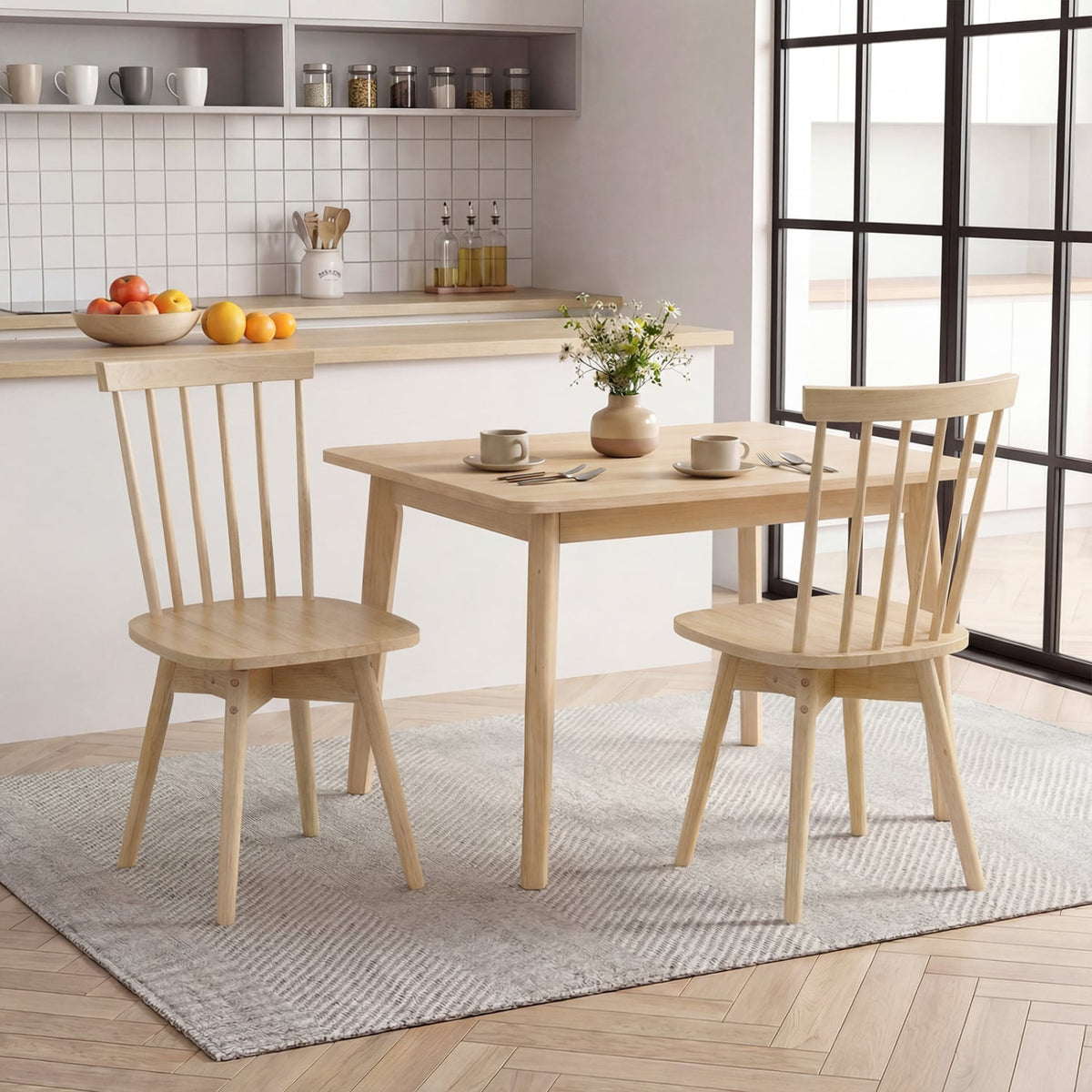 Windsor Dining Chairs Set of 2 Mid Century Rubber Wood Kitchen Chairs with Swivel Seat-Natural-Dining Chairs-DECOROLALA