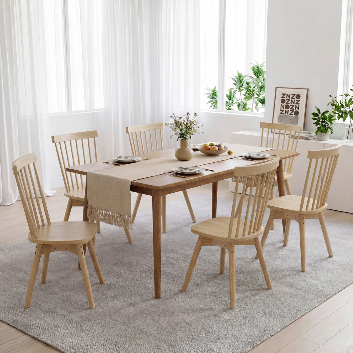 Windsor Dining Chairs Set of 2 Mid Century Rubber Wood Kitchen Chairs with Swivel Seat-Natural-Dining Chairs-DECOROLALA