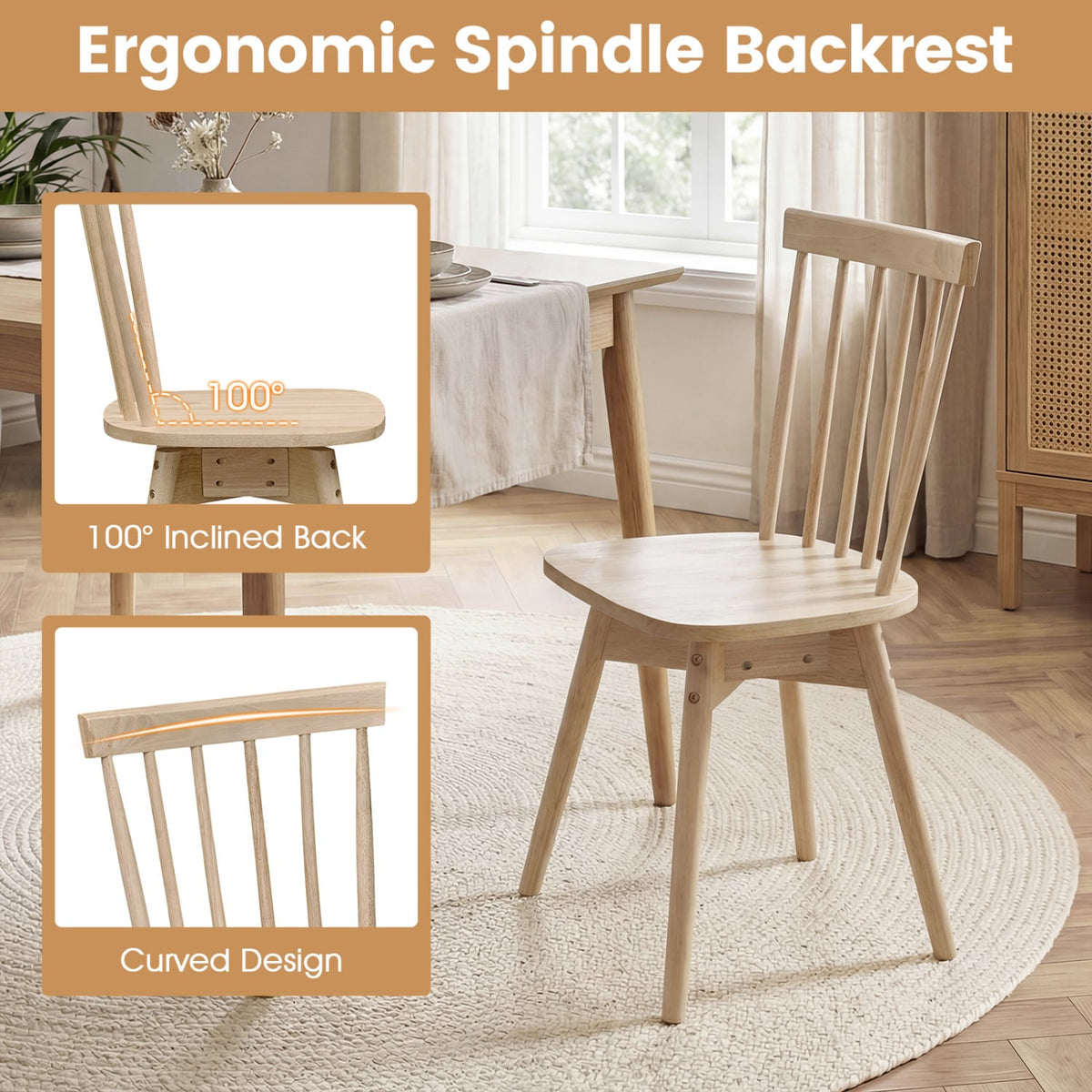 Windsor Dining Chairs Set of 2 Mid Century Rubber Wood Kitchen Chairs with Swivel Seat-Natural-Dining Chairs-DECOROLALA