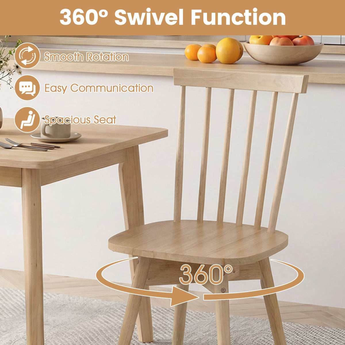 Windsor Dining Chairs Set of 2 Mid Century Rubber Wood Kitchen Chairs with Swivel Seat-Natural-Dining Chairs-DECOROLALA