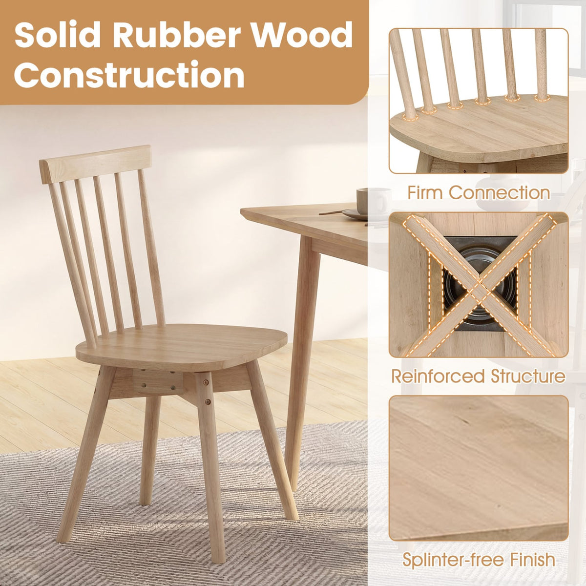 Windsor Dining Chairs Set of 2 Mid Century Rubber Wood Kitchen Chairs with Swivel Seat-Natural-Dining Chairs-DECOROLALA