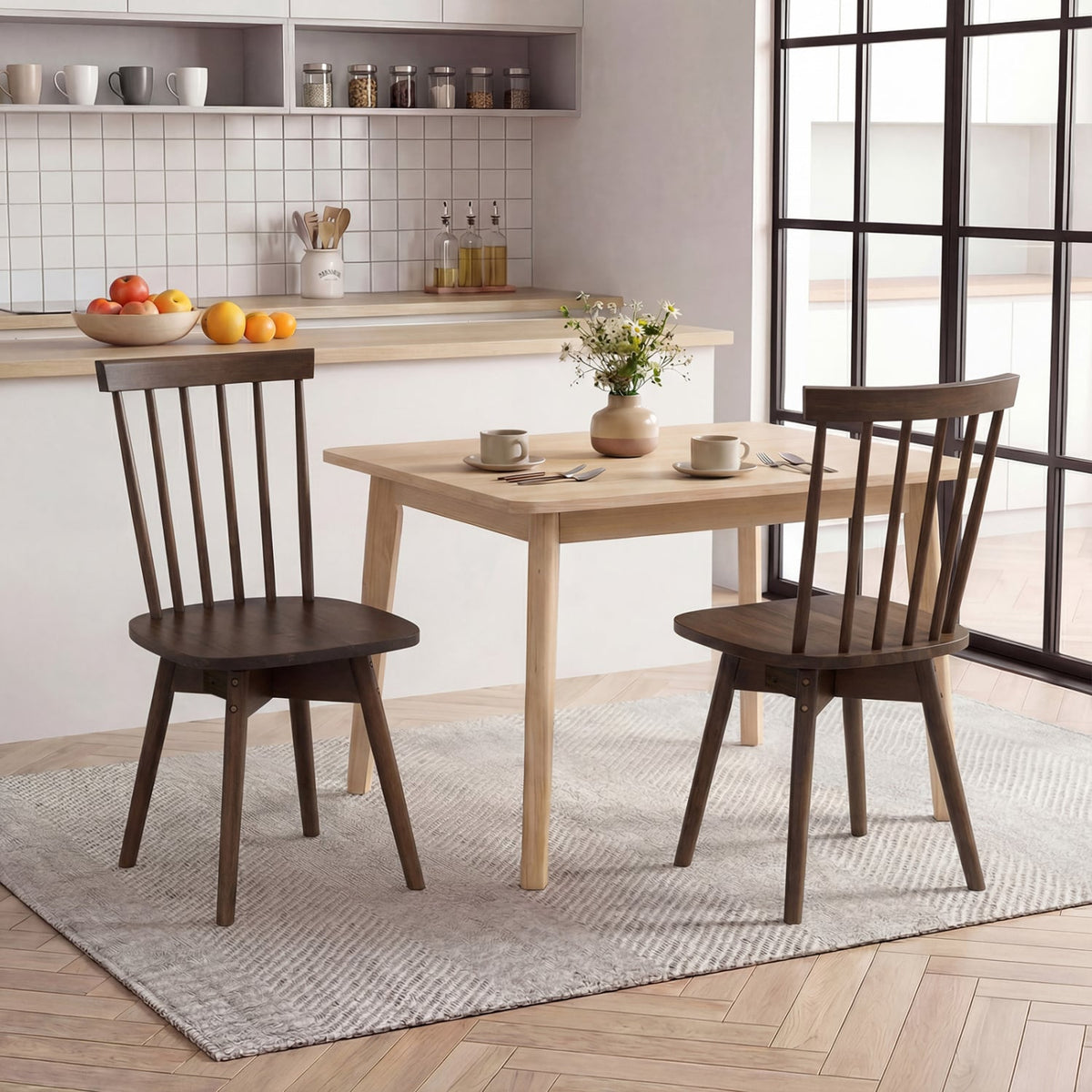 Windsor Dining Chairs Set of 2 Mid Century Rubber Wood Kitchen Chairs with Swivel Seat-Walnut-Dining Chairs-DECOROLALA
