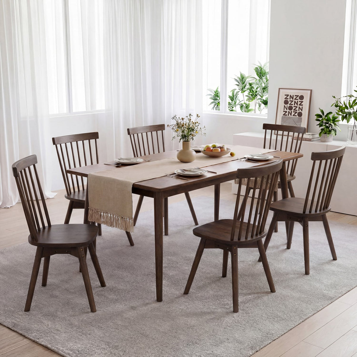 Windsor Dining Chairs Set of 2 Mid Century Rubber Wood Kitchen Chairs with Swivel Seat-Walnut-Dining Chairs-DECOROLALA