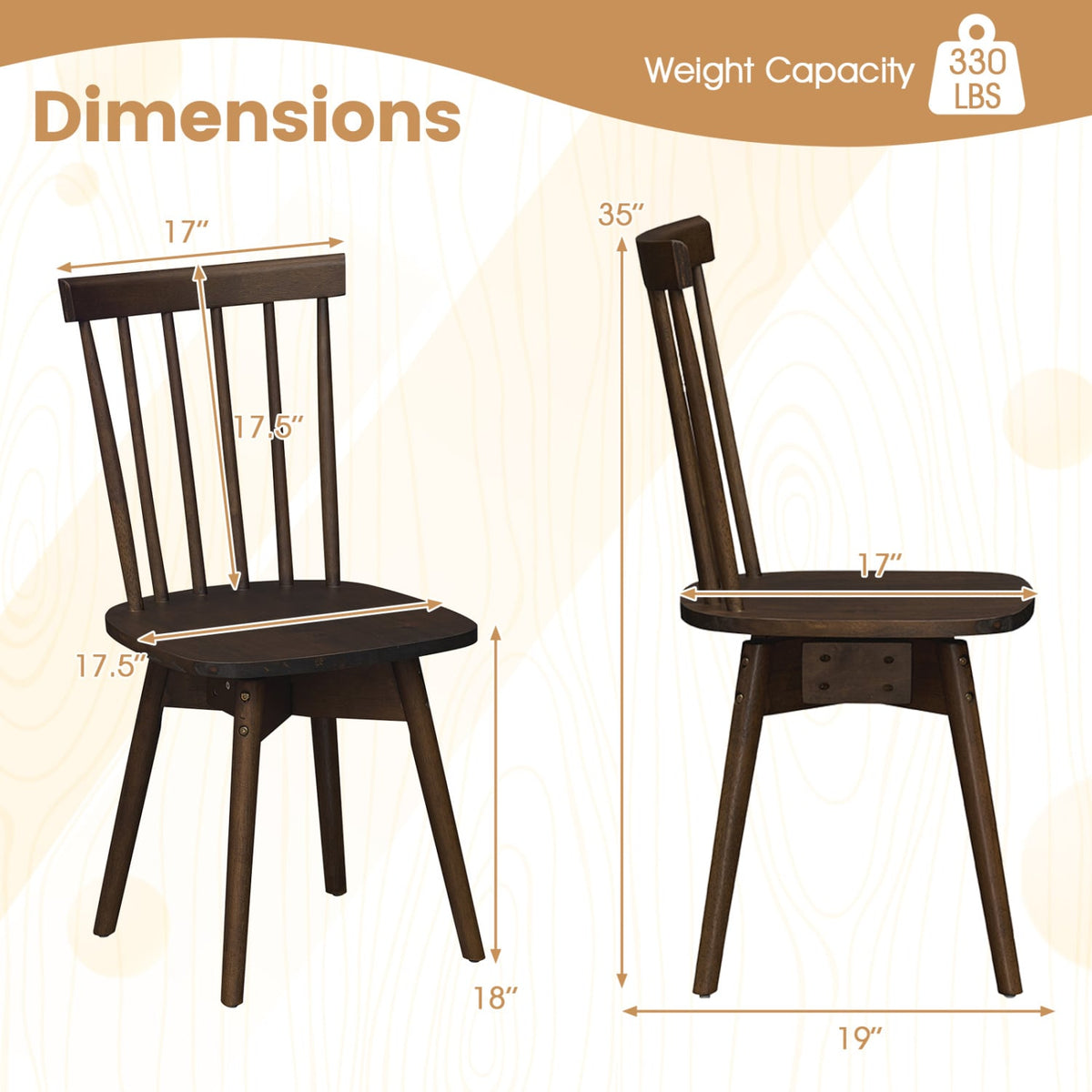 Windsor Dining Chairs Set of 2 Mid Century Rubber Wood Kitchen Chairs with Swivel Seat-Walnut-Dining Chairs-DECOROLALA