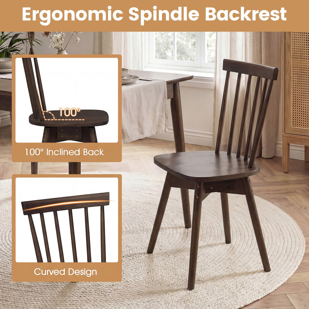 Windsor Dining Chairs Set of 2 Mid Century Rubber Wood Kitchen Chairs with Swivel Seat-Walnut-Dining Chairs-DECOROLALA