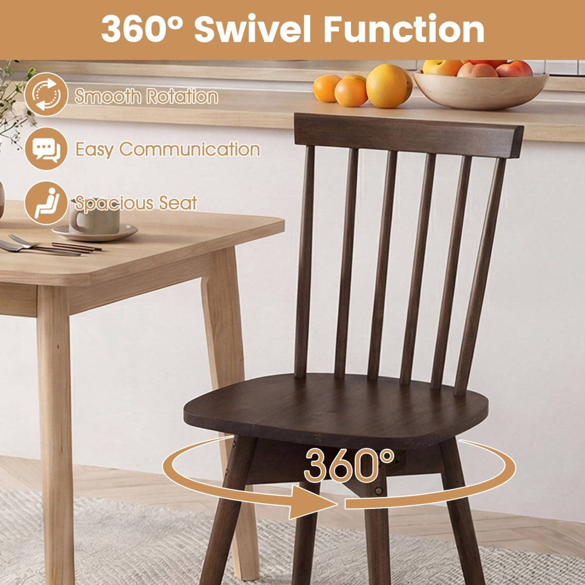 Windsor Dining Chairs Set of 2 Mid Century Rubber Wood Kitchen Chairs with Swivel Seat-Walnut-Dining Chairs-DECOROLALA