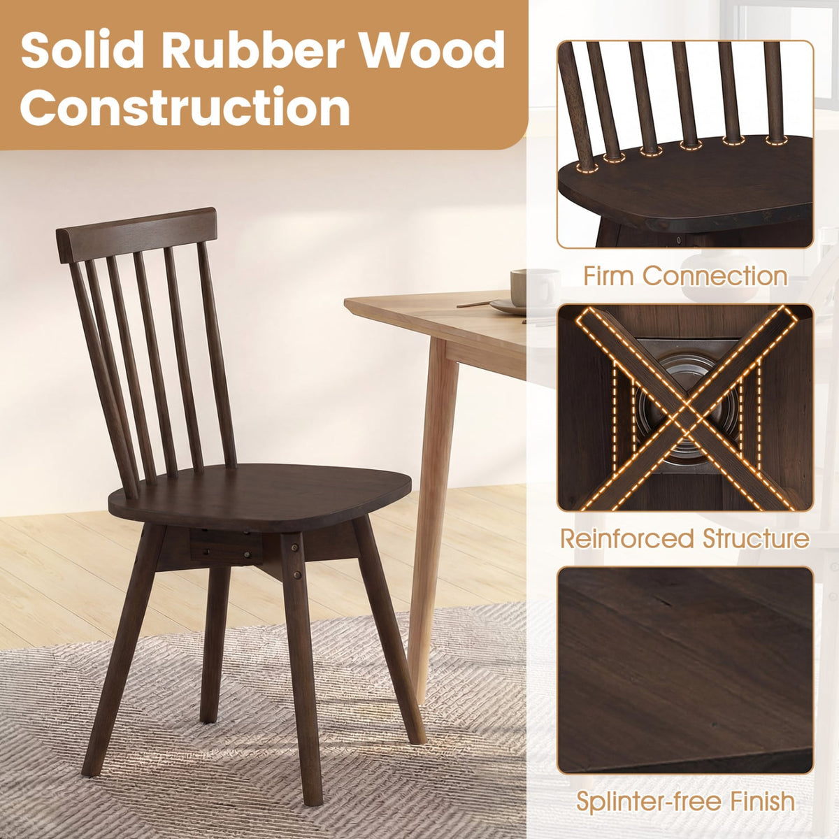 Windsor Dining Chairs Set of 2 Mid Century Rubber Wood Kitchen Chairs with Swivel Seat-Walnut-Dining Chairs-DECOROLALA