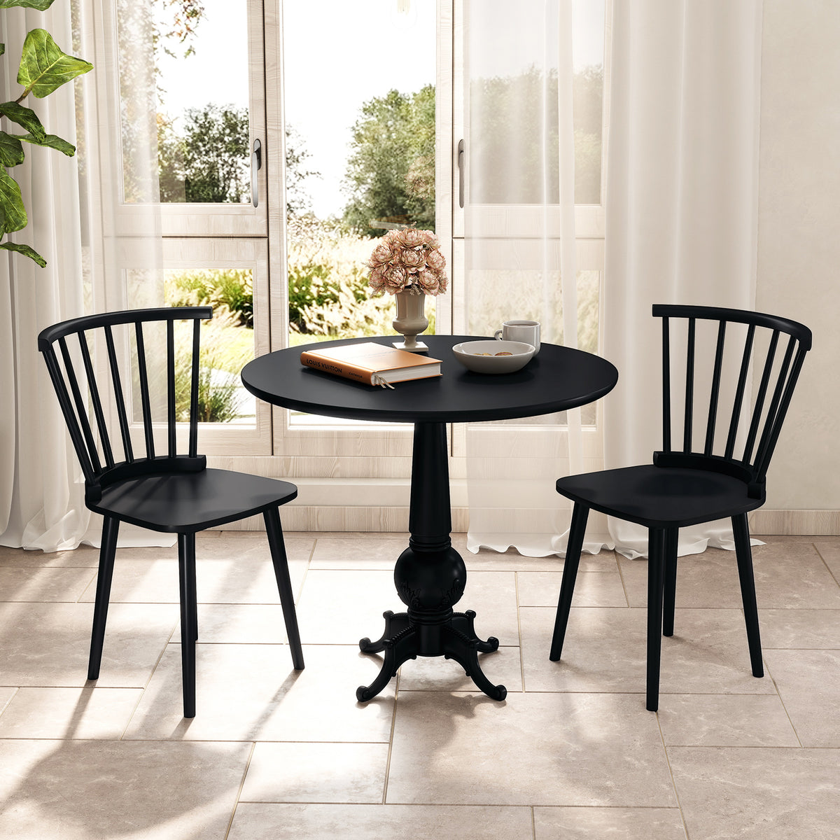 Windsor Dining Chairs Set of 2 Rubber Wood Kitchen Chairs with Spindle Back-Black-Dining Chairs-DECOROLALA