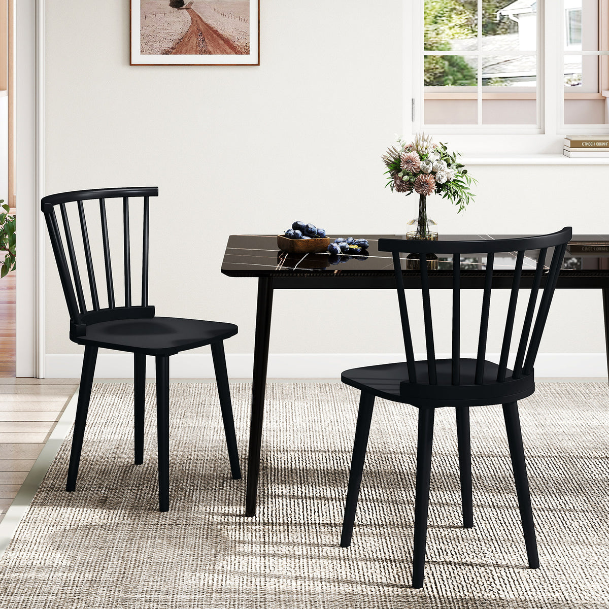 Windsor Dining Chairs Set of 2 Rubber Wood Kitchen Chairs with Spindle Back-Black-Dining Chairs-DECOROLALA