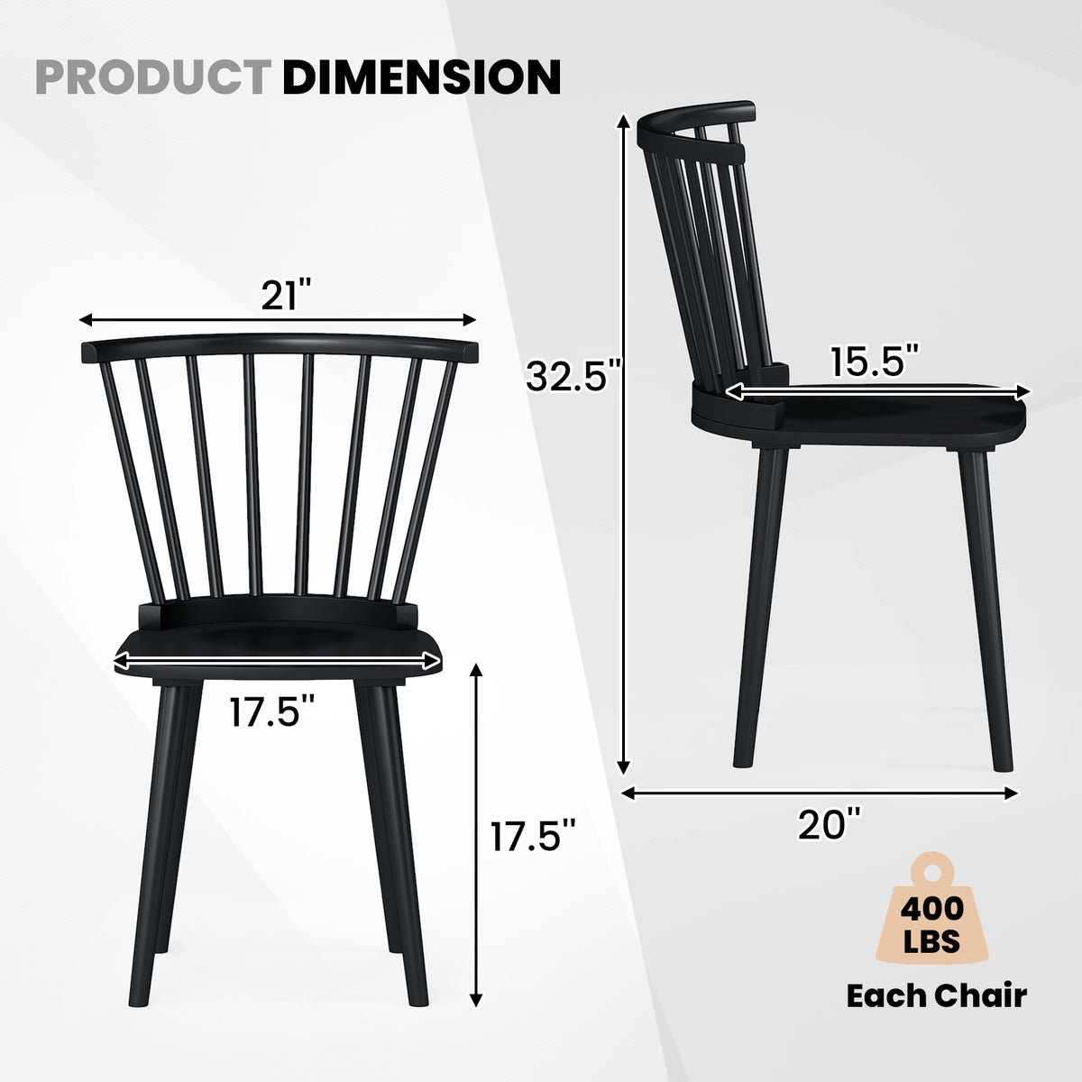 Windsor Dining Chairs Set of 2 Rubber Wood Kitchen Chairs with Spindle Back-Black-Dining Chairs-DECOROLALA