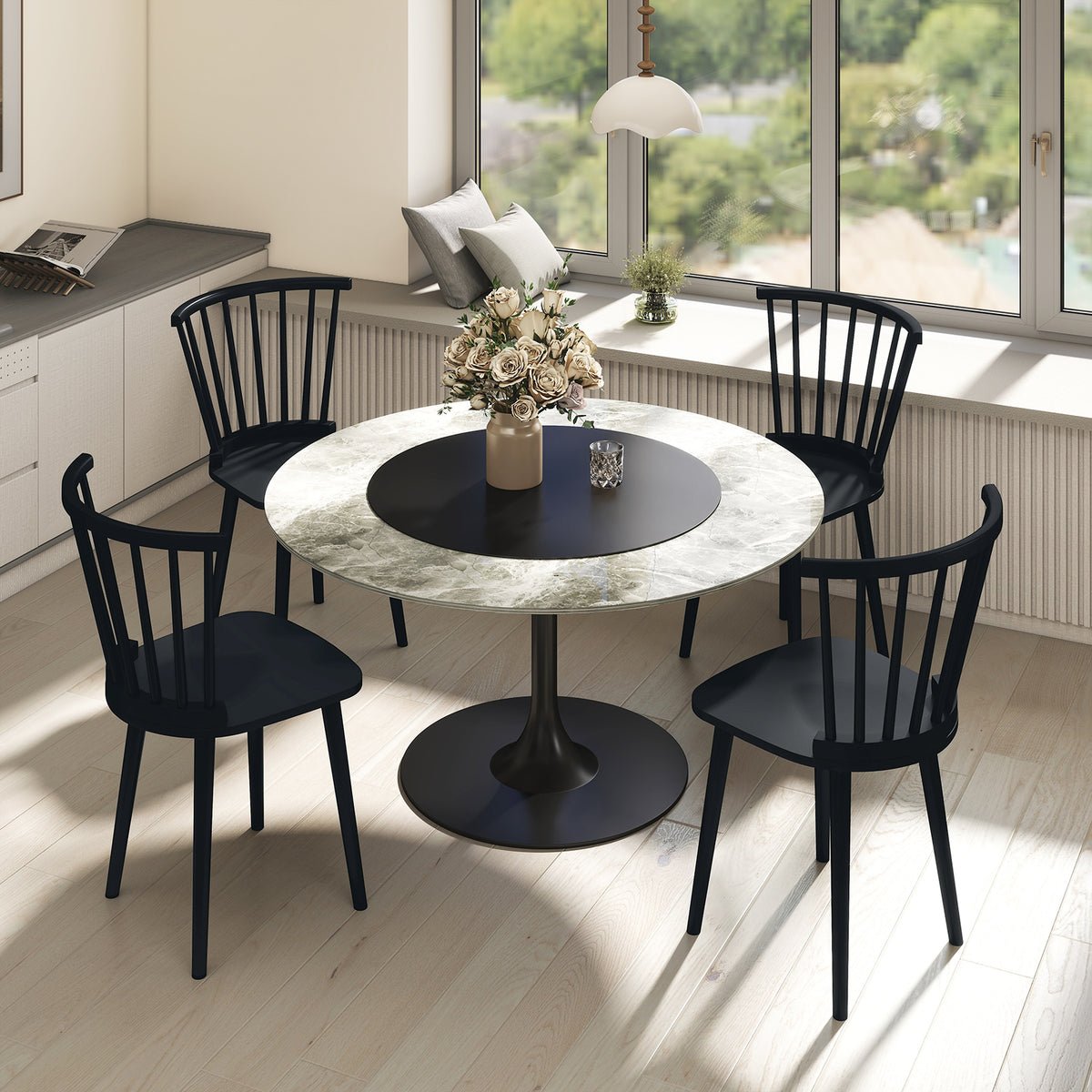 Windsor Dining Chairs Set of 2 Rubber Wood Kitchen Chairs with Spindle Back-Black-Dining Chairs-DECOROLALA